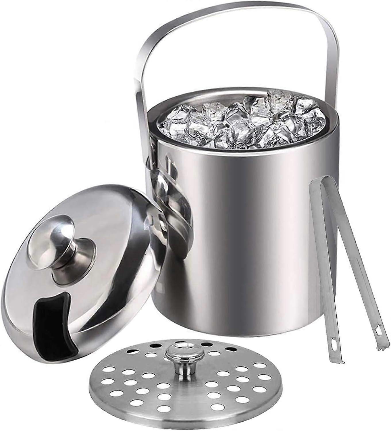 Insulated Ice Bucket with Tongs Handle Lid 1.3L Double Wall Stainless Steel Ice Buckets Cooler Champagne (AAA)