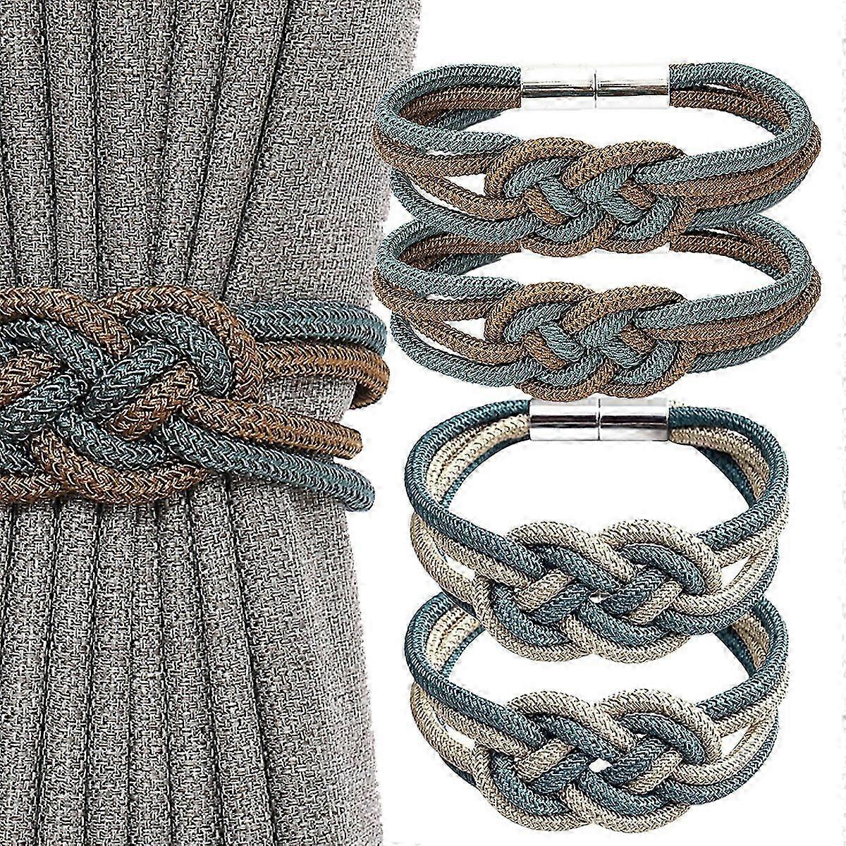 2 Pairs Strong Magnetic Curtain Tiebacks Nordic Simple Style Double Color Weave Rope Knot Decorative Holdbacks for Home and Office