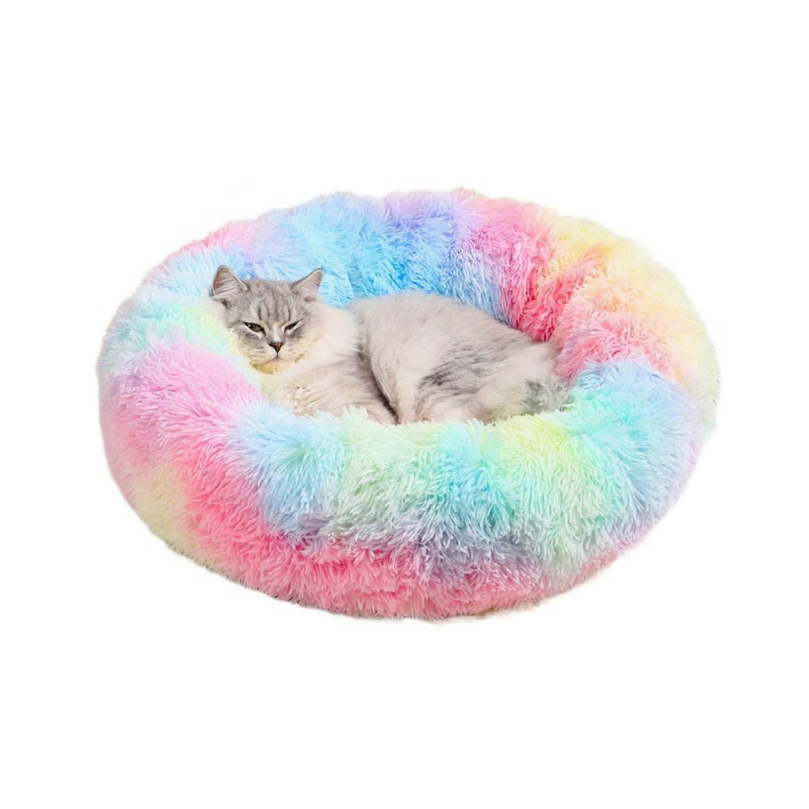 Fluffy Dog Bed, Cozy Cat Bed, Donut Cushion, Washable Plush Pet Sofa, Rainbow Color, Size L