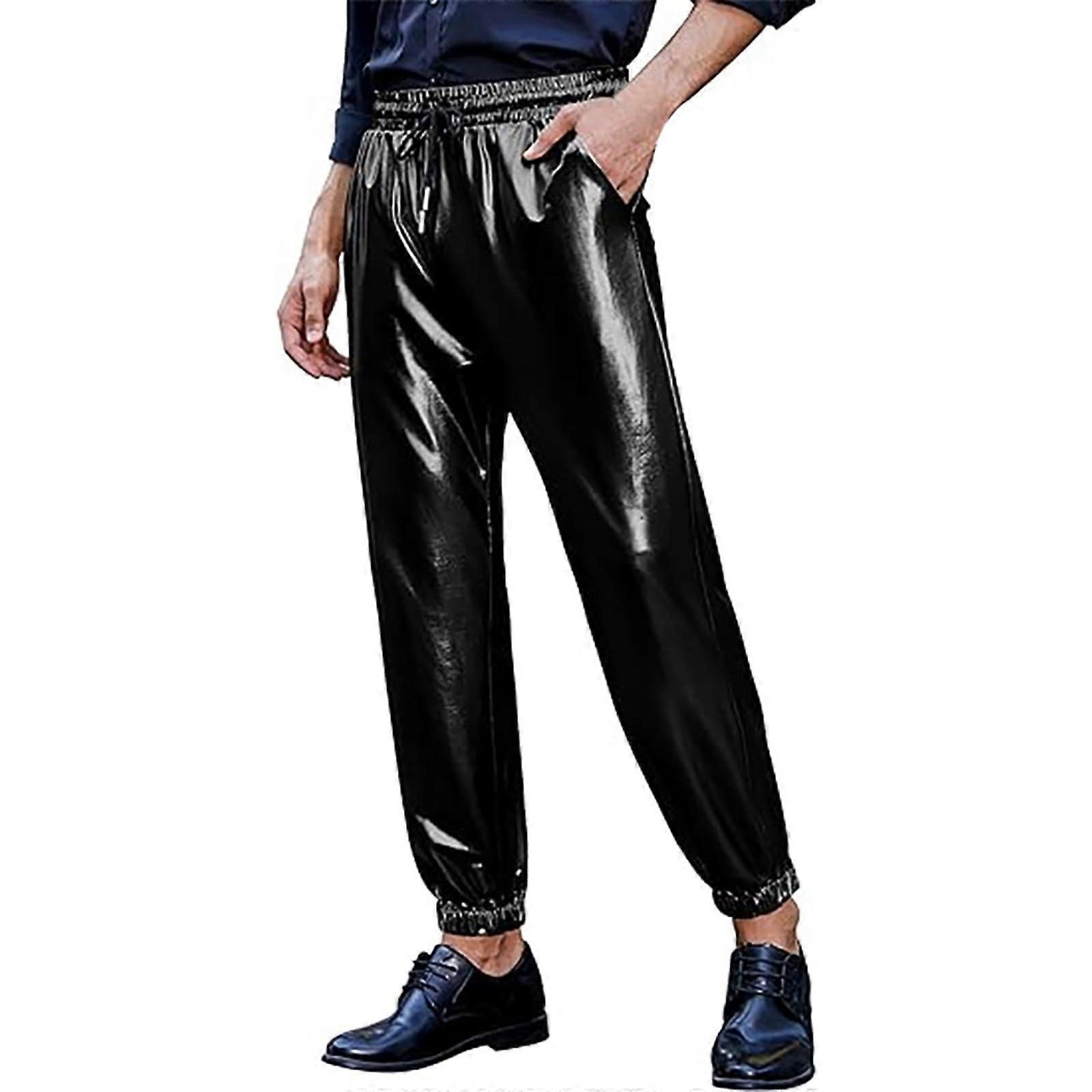 Nightclub Trousers Men's Wetlook Disco Pants Elastic Metallic Jogging Bottoms Black Festival Dance Trousers Size L
