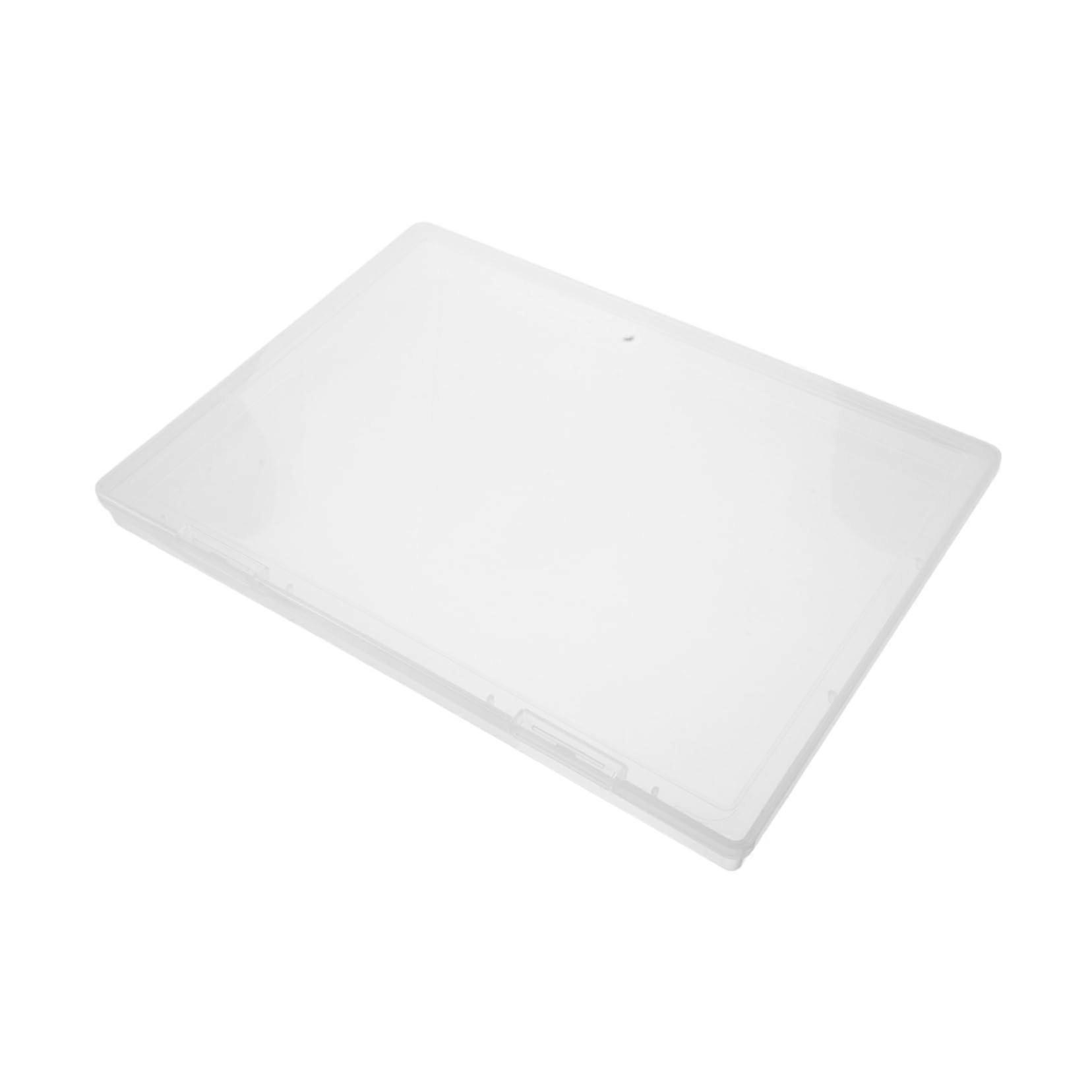 Plastic storage box with lid, transparent container for craft supplies, documents, and magazines, stackable, durable, versatile use.