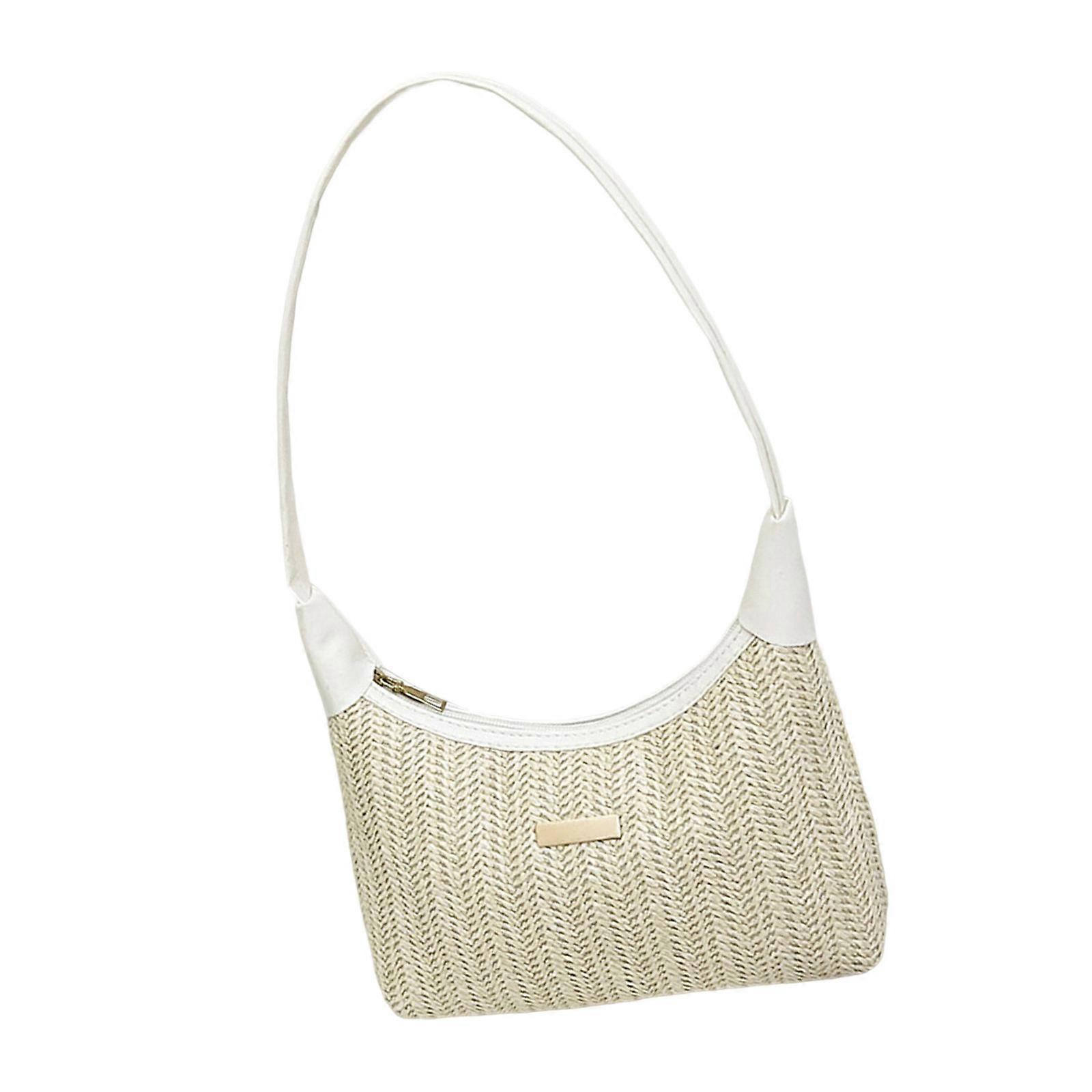 Natural Wicker Shoulder Bag With Multiple Compartments Breathable Underarm Bag Summer Casual Handbag White