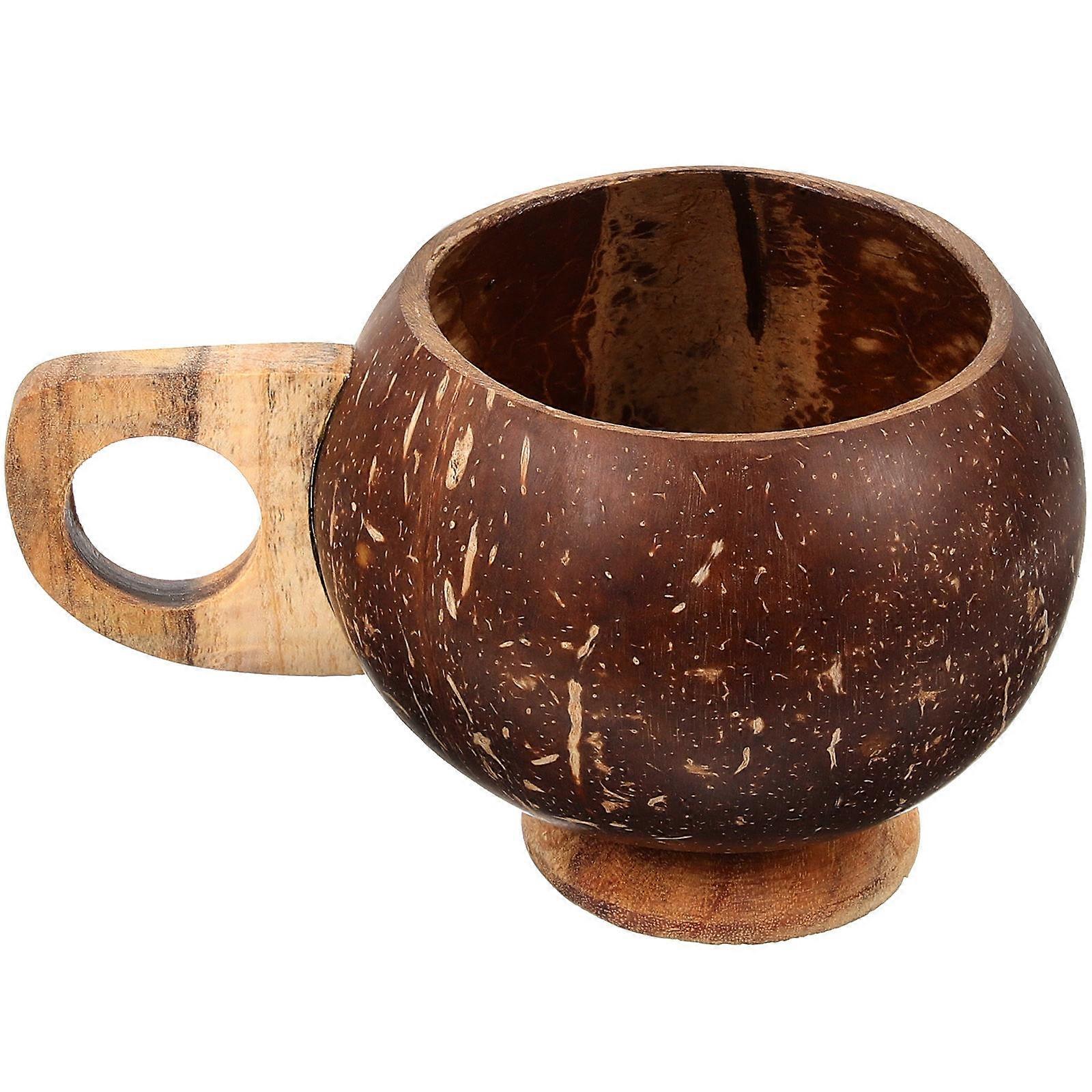 Coconut Shell Cup Hawaiian Party Coffee Mug Desk Cup with Handle for Home Use Light Brown 1Set