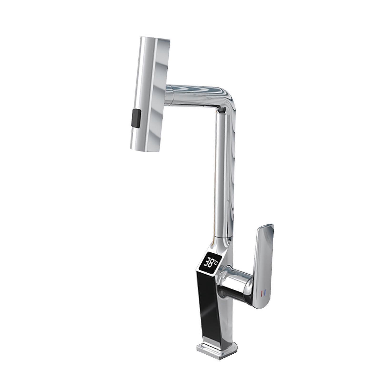Pull-Down Kitchen Faucet with Waterfall Design, Hot and Cold Water Mixer, Chrome Finish, Rotatable with LCD Display