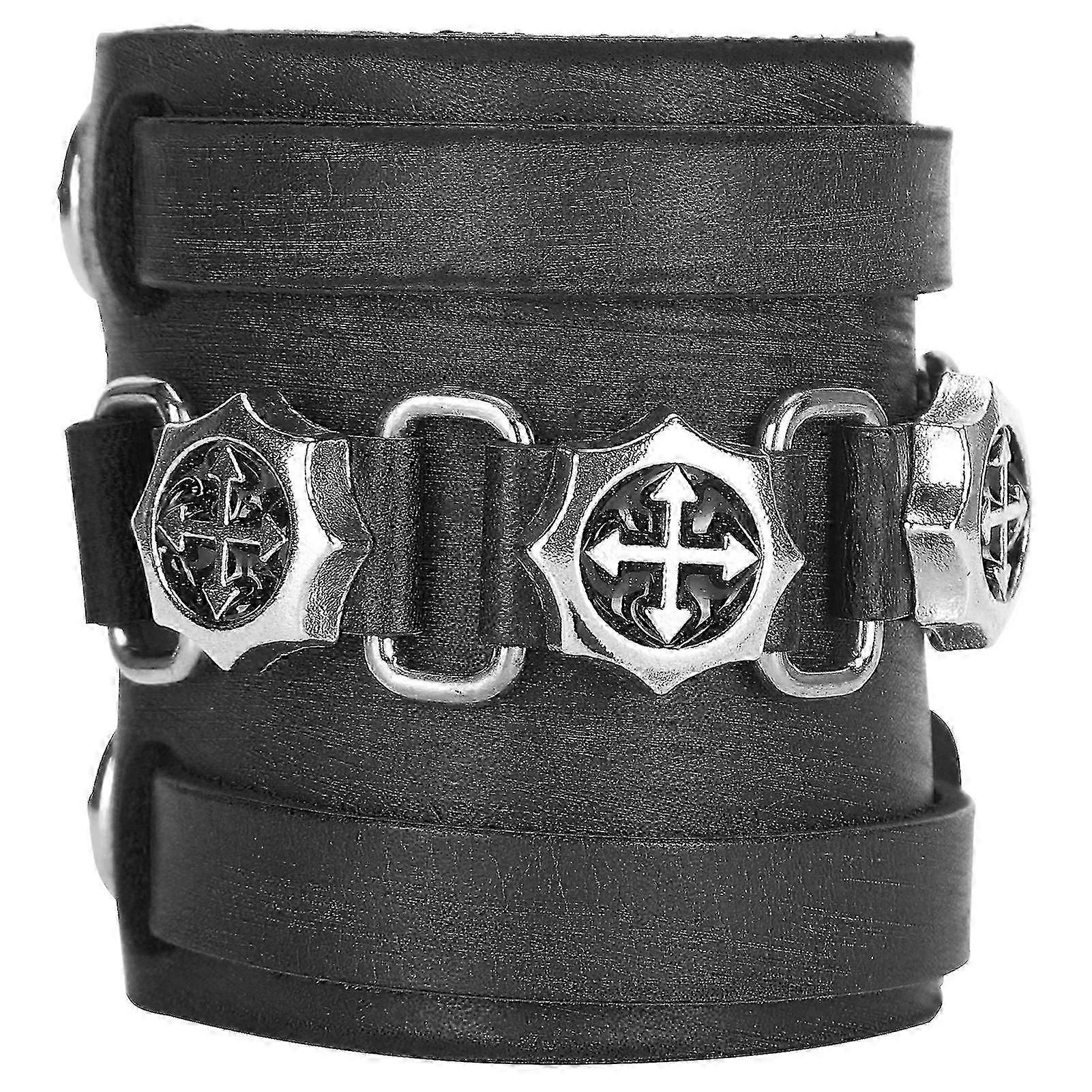 Leather Braided Bracelet Adjustable Wrist Cuff with Metal Decorative Vintage Design