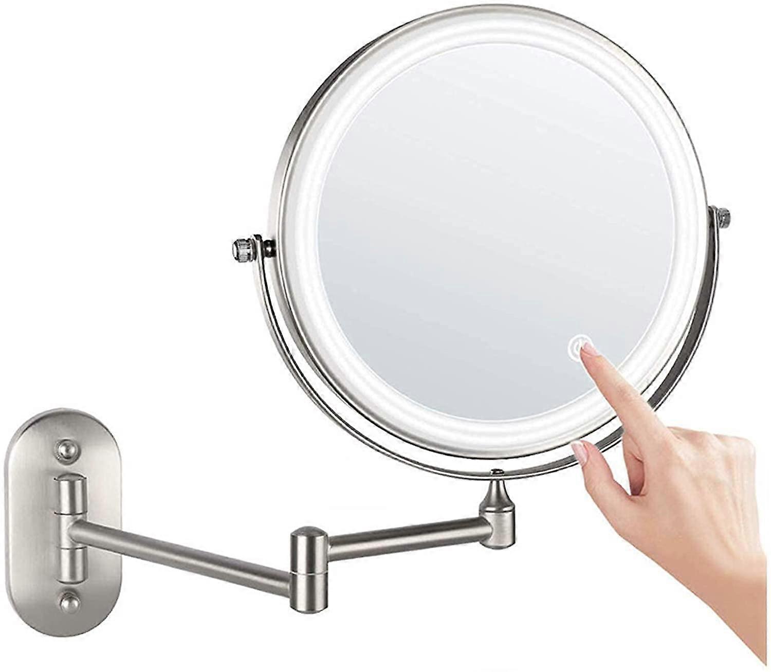 Vanity Mirror - Touch Dimming LED, 8-Inch Double-Sided Wall-Mounted Folding Cosmetic Mirrors, 3X-10X Magnification, Nickel