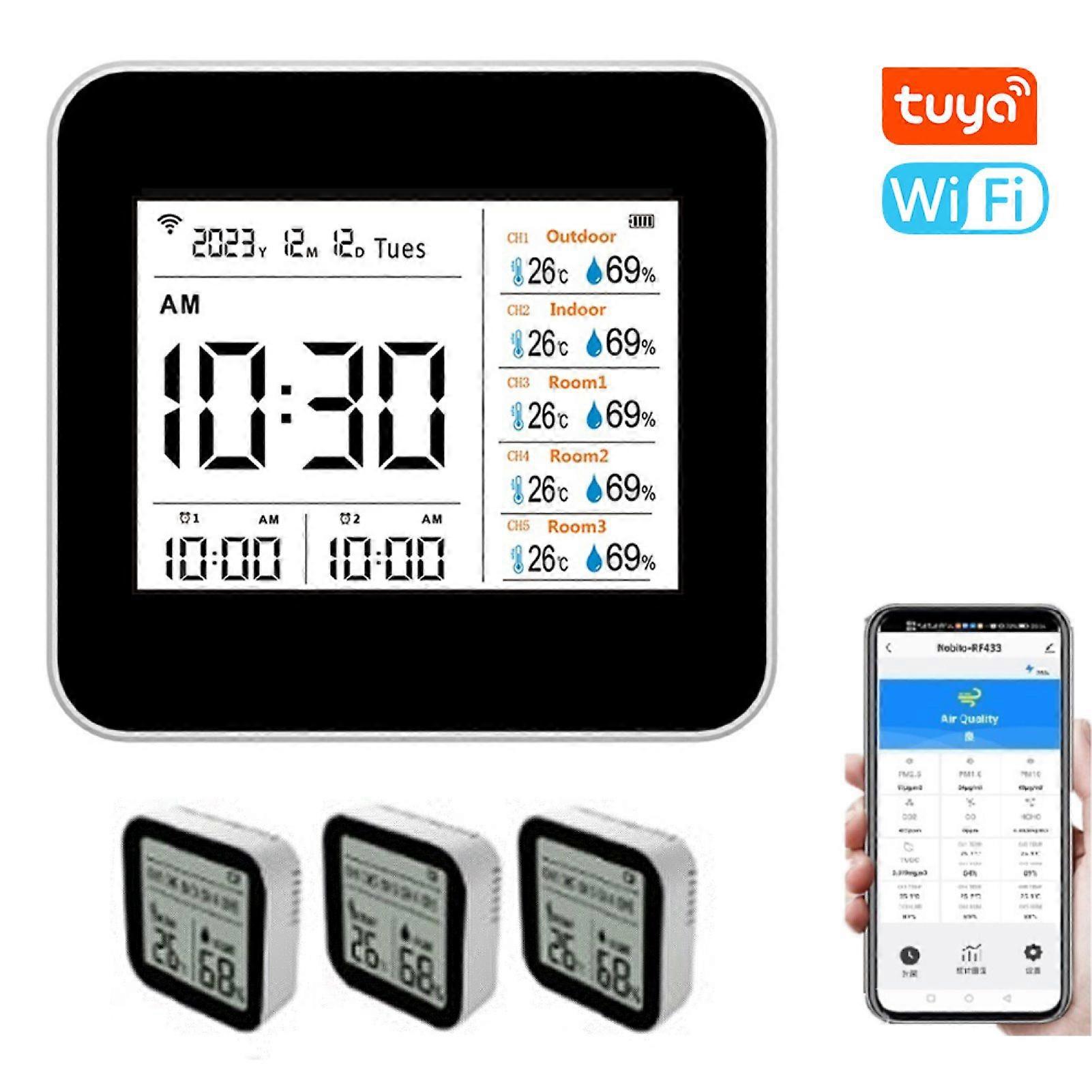 13 in 1 Tuya WIFI Intelligent Thermometer Hygrometer Indoor Accurate Temperature Humidity Gauge Monitor with Time/Calendar/Alarm Display Support Remot