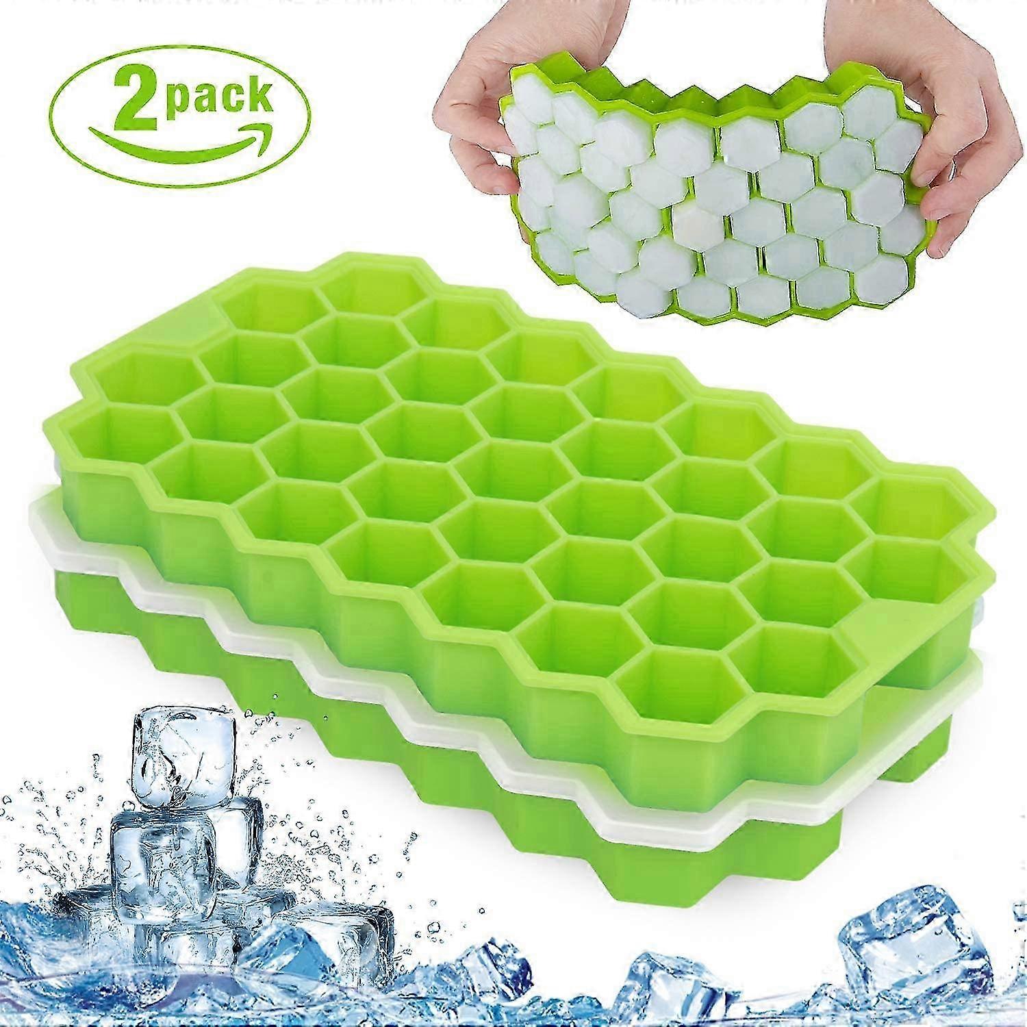 2 Pack 74 Cube Silicone Ice Tray with Removable Lid Stackable Grid Honeycomb Green