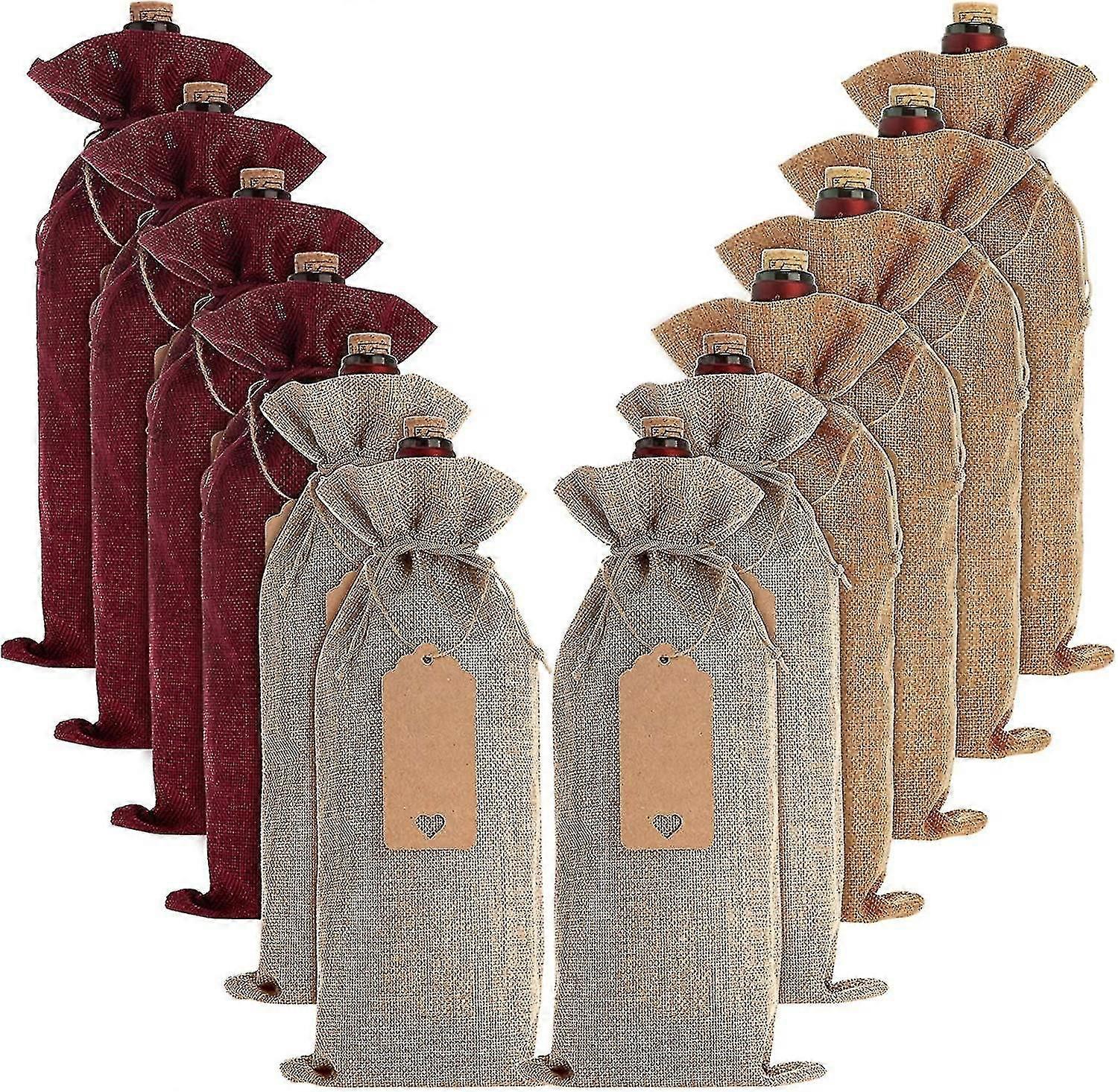 12 Pieces Burlap Wine Bags Jute Wine Bottle Bags With Drawstrings Reusable Wine Gift Bags With Tags For Party Blind Tasting Birthday Wedding Travel Ho