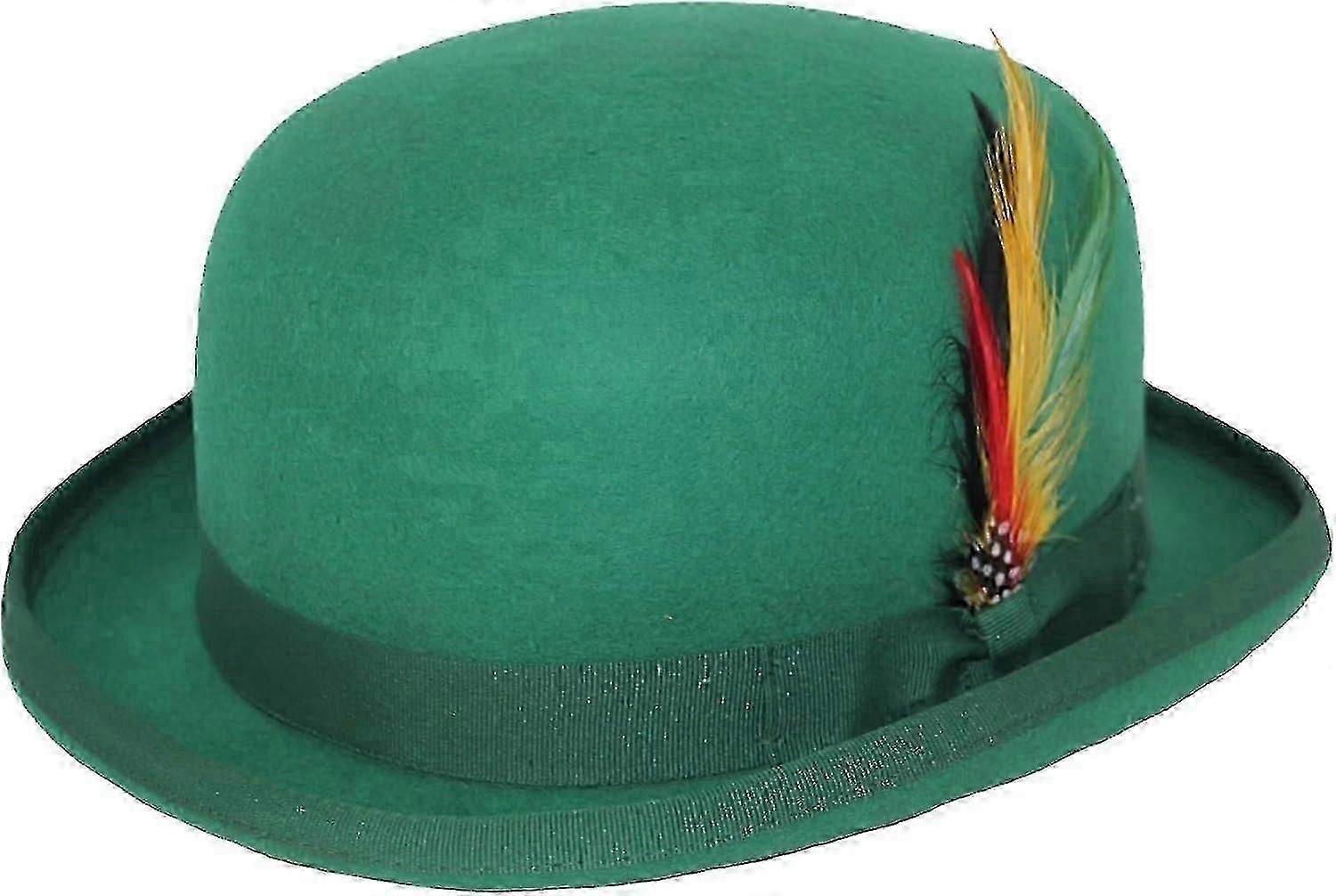 Unisex Hard Top Wool Bowler Hat With Feather Satin Lined Sizes S To Xl