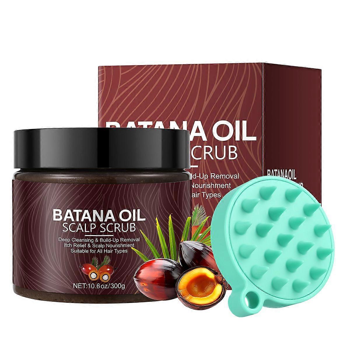 Batana Oil Scalp Scrub, 2-in-1 Shampoo Scalp Exfoliator for Hair Treatment, Includes Silicone Scalp Massager, Removes Buildup & Dandruff, 300g