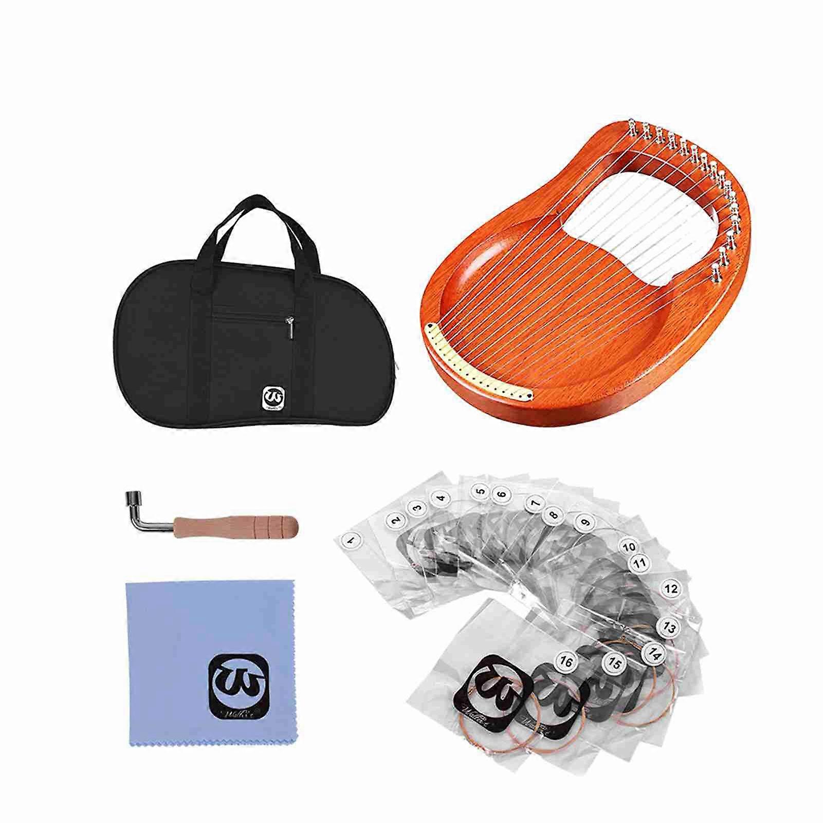 Walter.t 16-String Wooden Lyre Harp Metal Strings Mahogany Solid Wood String Instrument with Carry Bag Tuning Wrench Cleaning Cloth Strings WH16