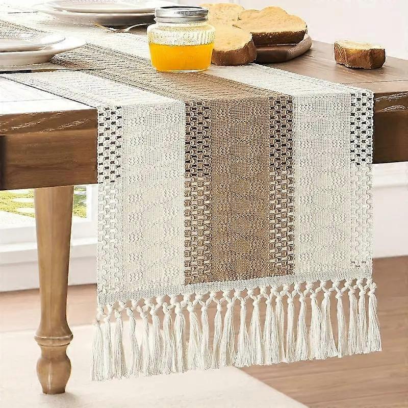 Bohemian Style Fringe Woven Table Runner, Light Striped Design, Polyester Blend Material, Perfect for Bohemian Decor