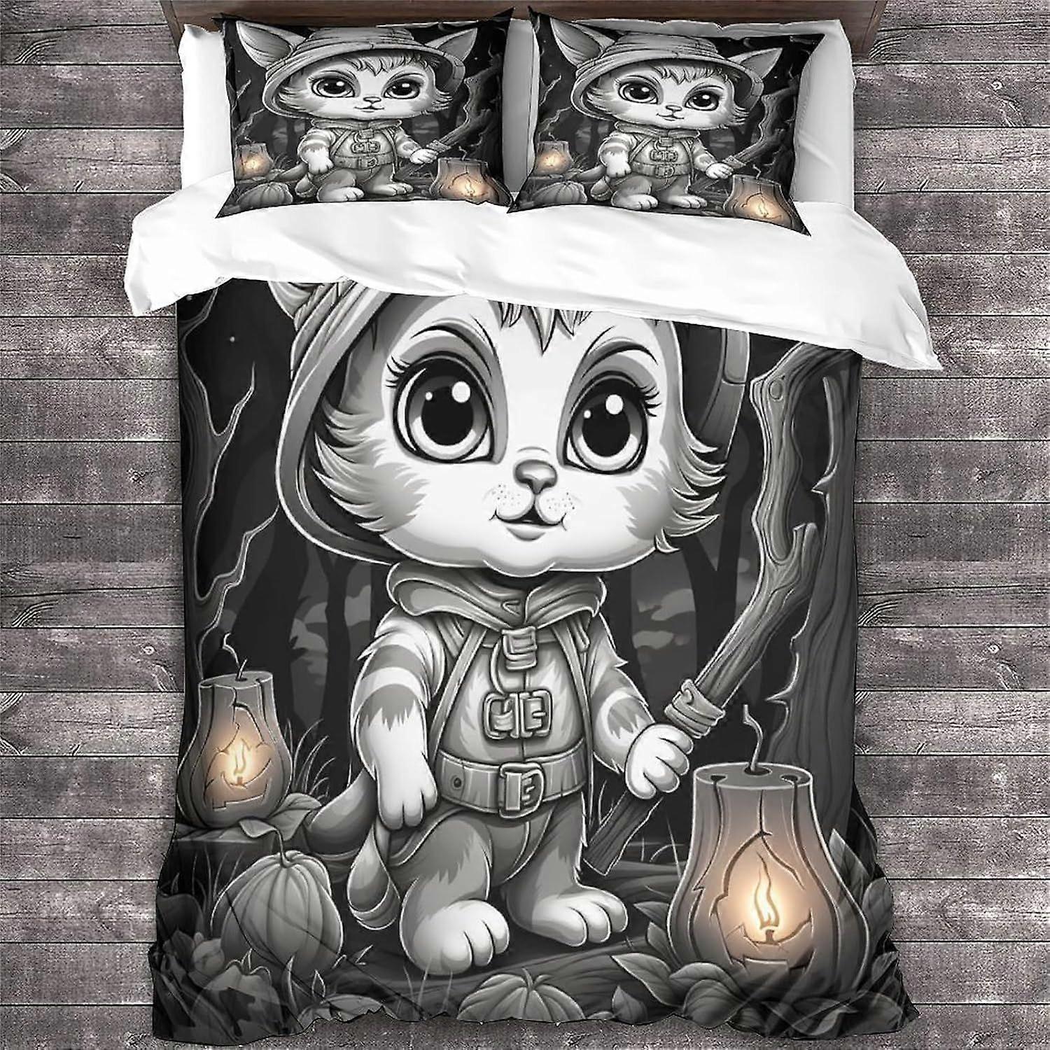 LikeEj Cat 3D Halloween Povlečení Set Zvířecí vzor Tištěný povlečení Povlečení Se zapínáním na zip 3 kusy měkké přikrývky