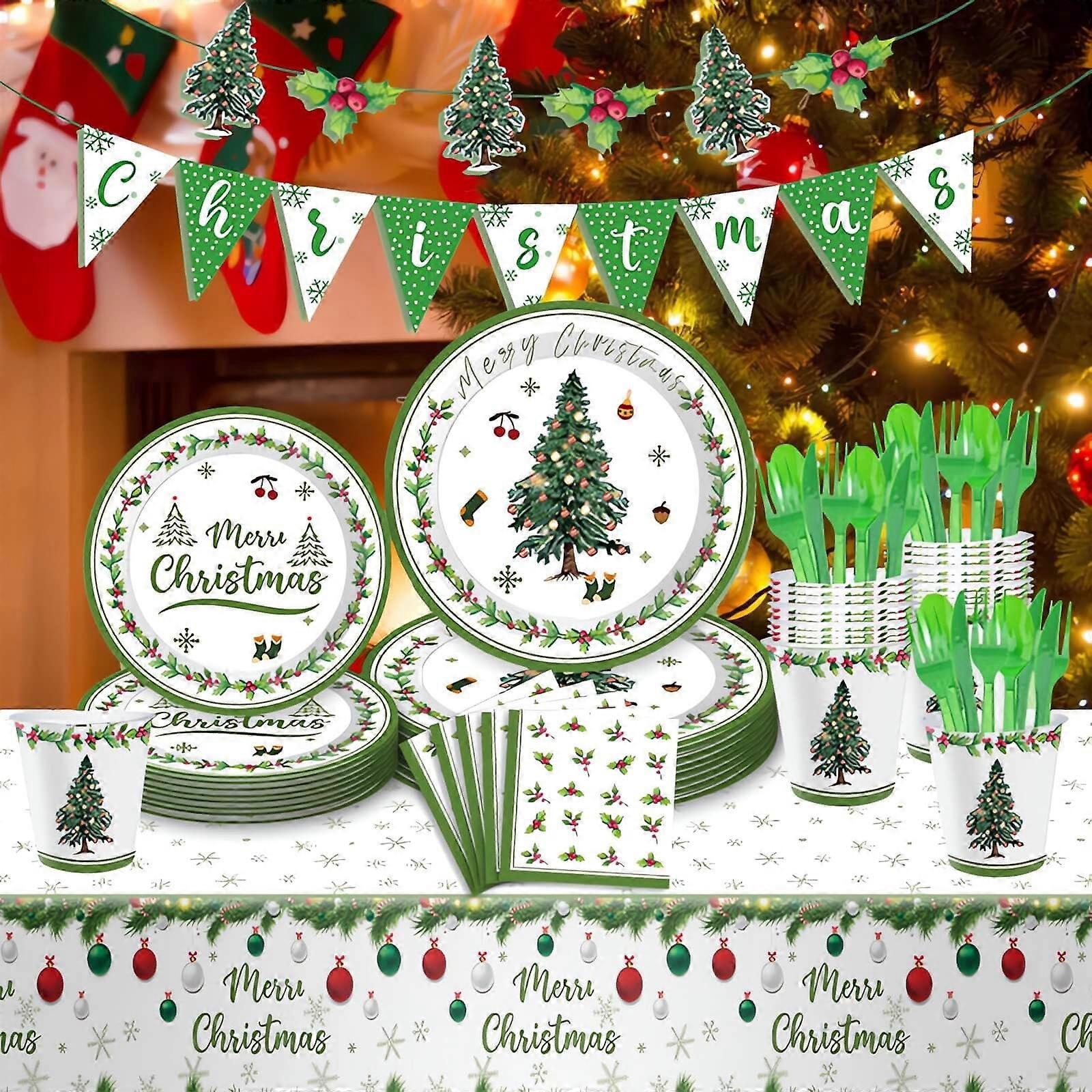 Christmas Party Tableware Set, Disposable Tree Paper Dish & Cup, Pull Flag, Tablecloth, Multicolor (Compatible with Christmas Decorations)