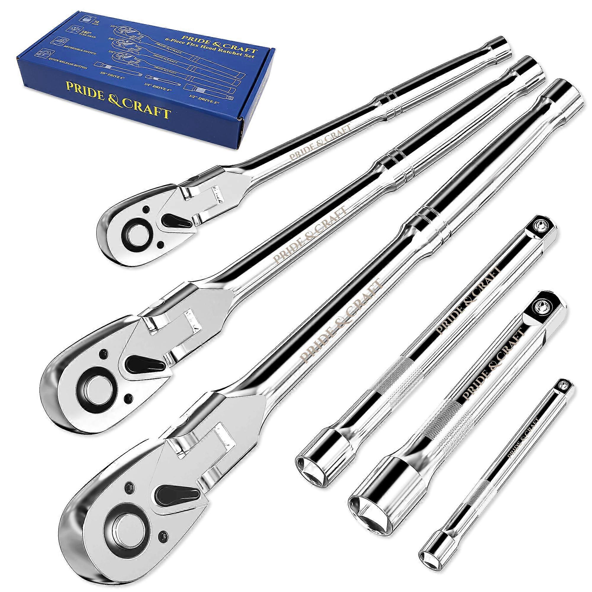 6Piece Flex Head Ratchet Wrench Set 1/4 3/8 1/2 Drive 72Tooth Swivel Head with Extension Bars