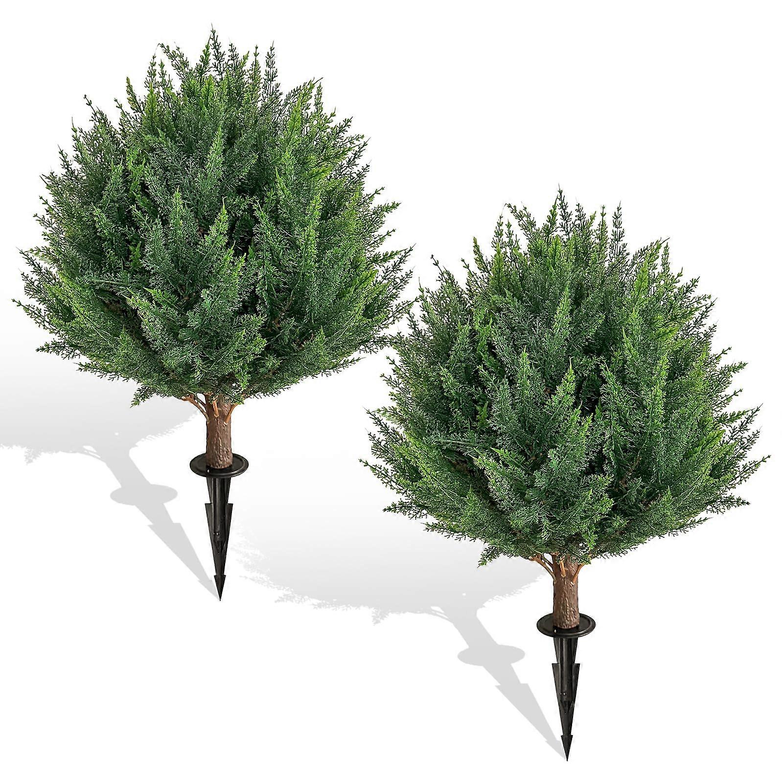 23 inch Artificial Cedar Topiary Trees Set of 2, UV Resistant Outdoor Fake Plants with Spikes for Front Door Decor