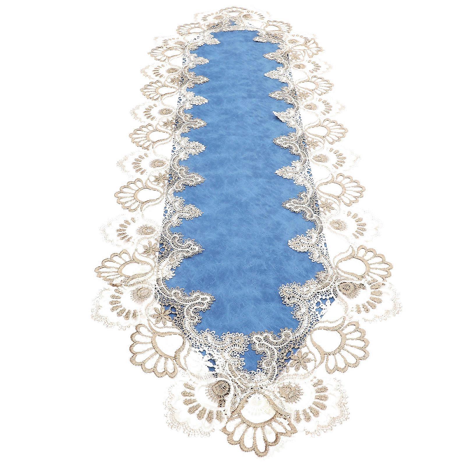 Blue Lace Waterproof Table Runner Tablecloth for Decor 4Pcs Party Use