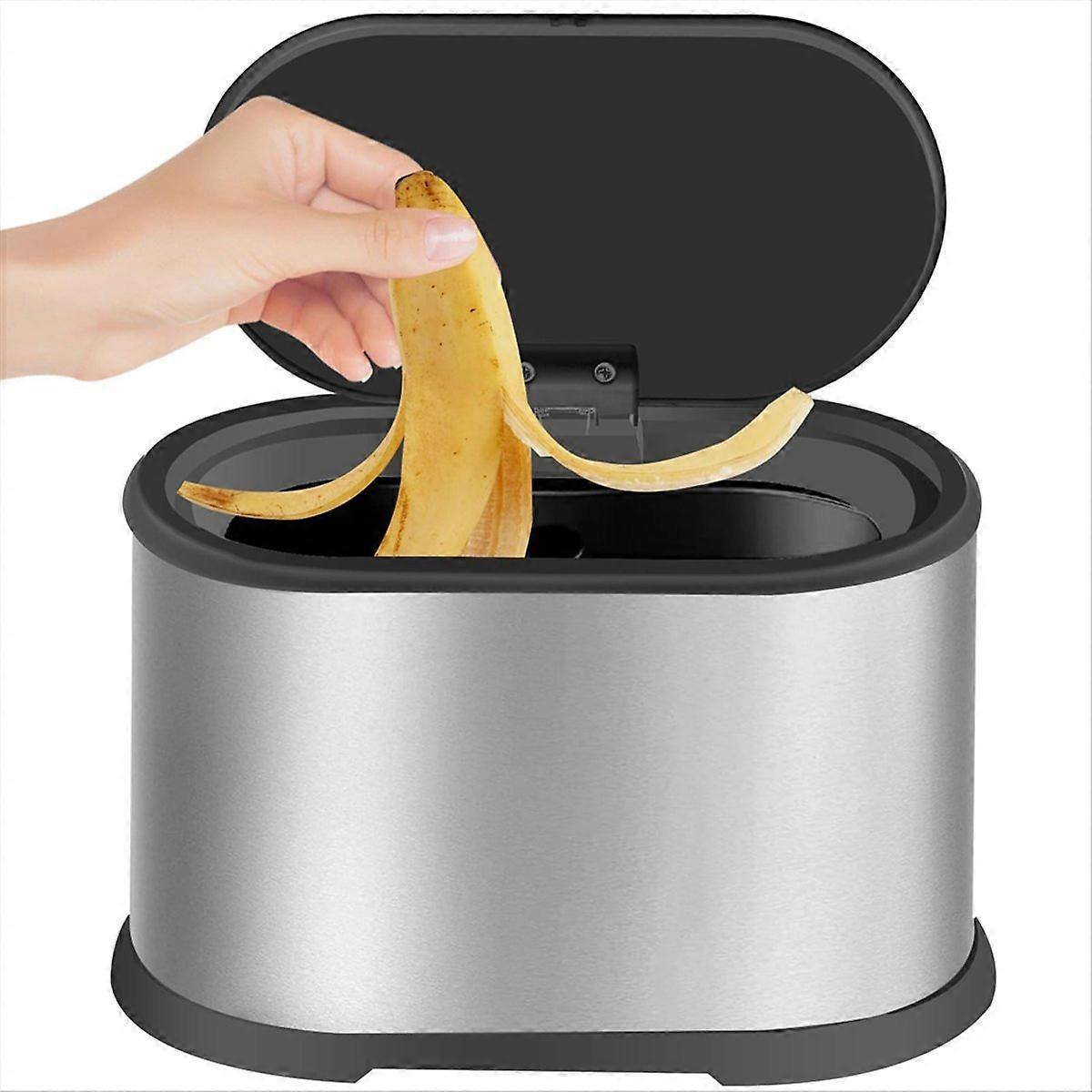 Mini Trash Can with Lid, 4L Small Kitchen Compost Bin Silver