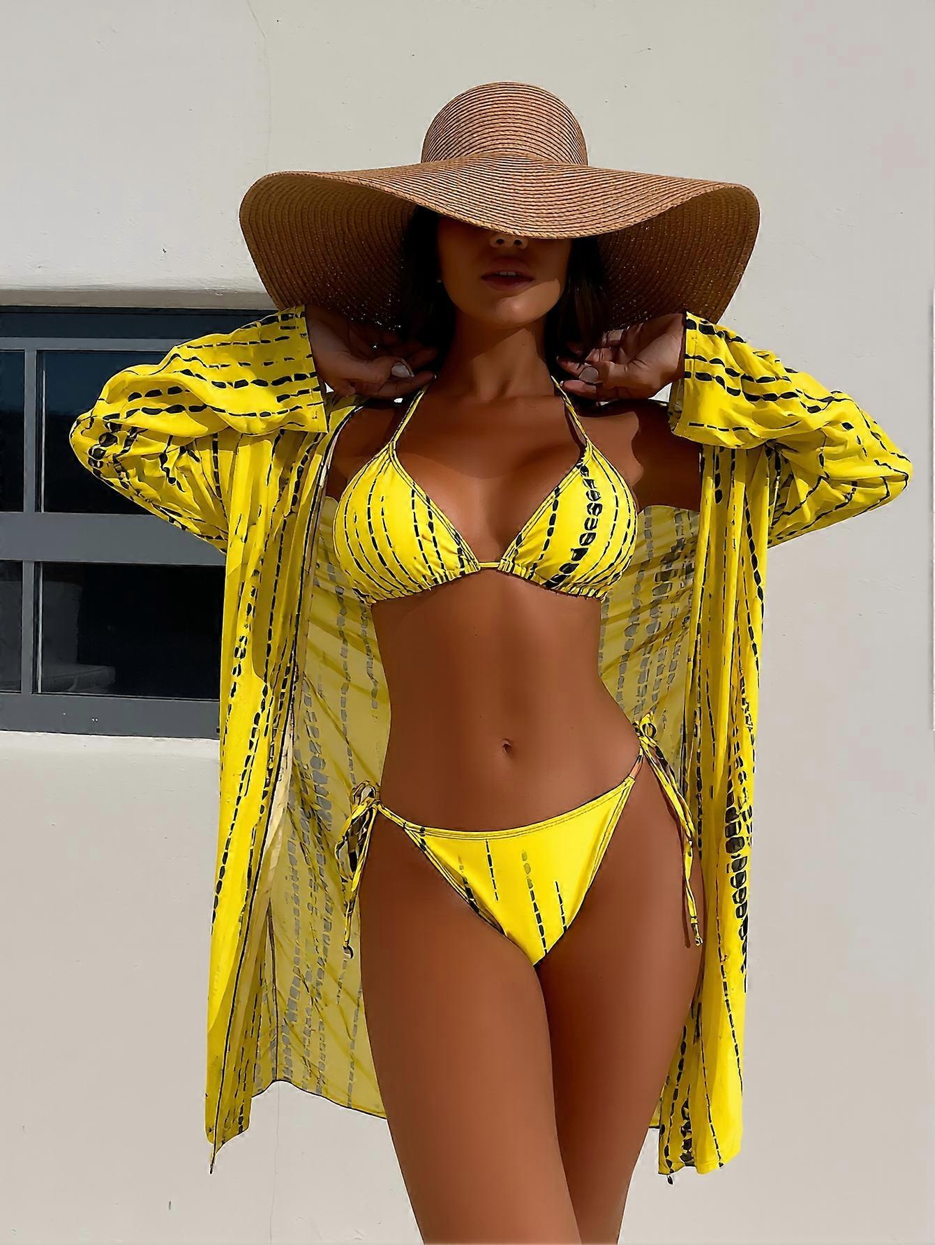 Yellow abstract print triangle bikini set, including matching cover-up