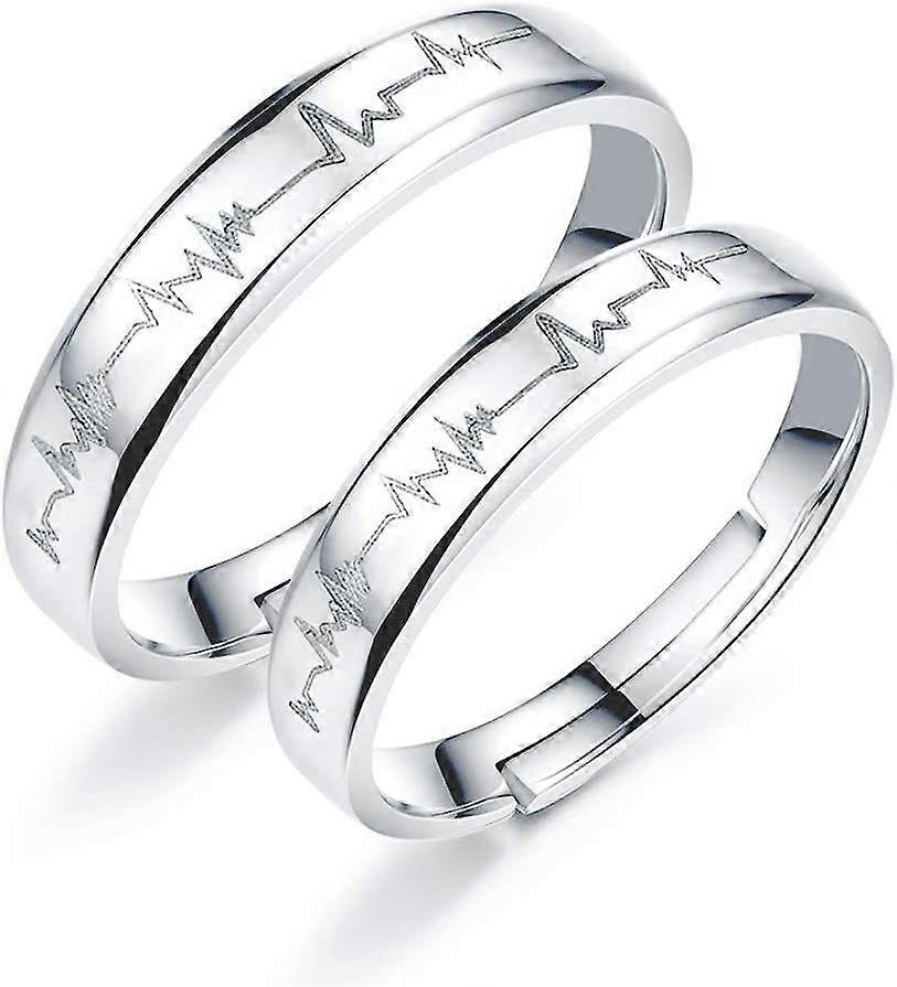 Couple Jewelry Open Adjustable ECG Commitment Rings 1 Pair (Silver)