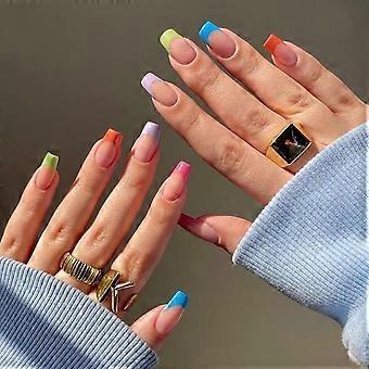 24Pcs Press on Nails Short Fake Nails French Multicolored Border Short Arc Exquisite Fashion Fake Nail Acrylic Nails Solid Color Mix Match Full Cover 