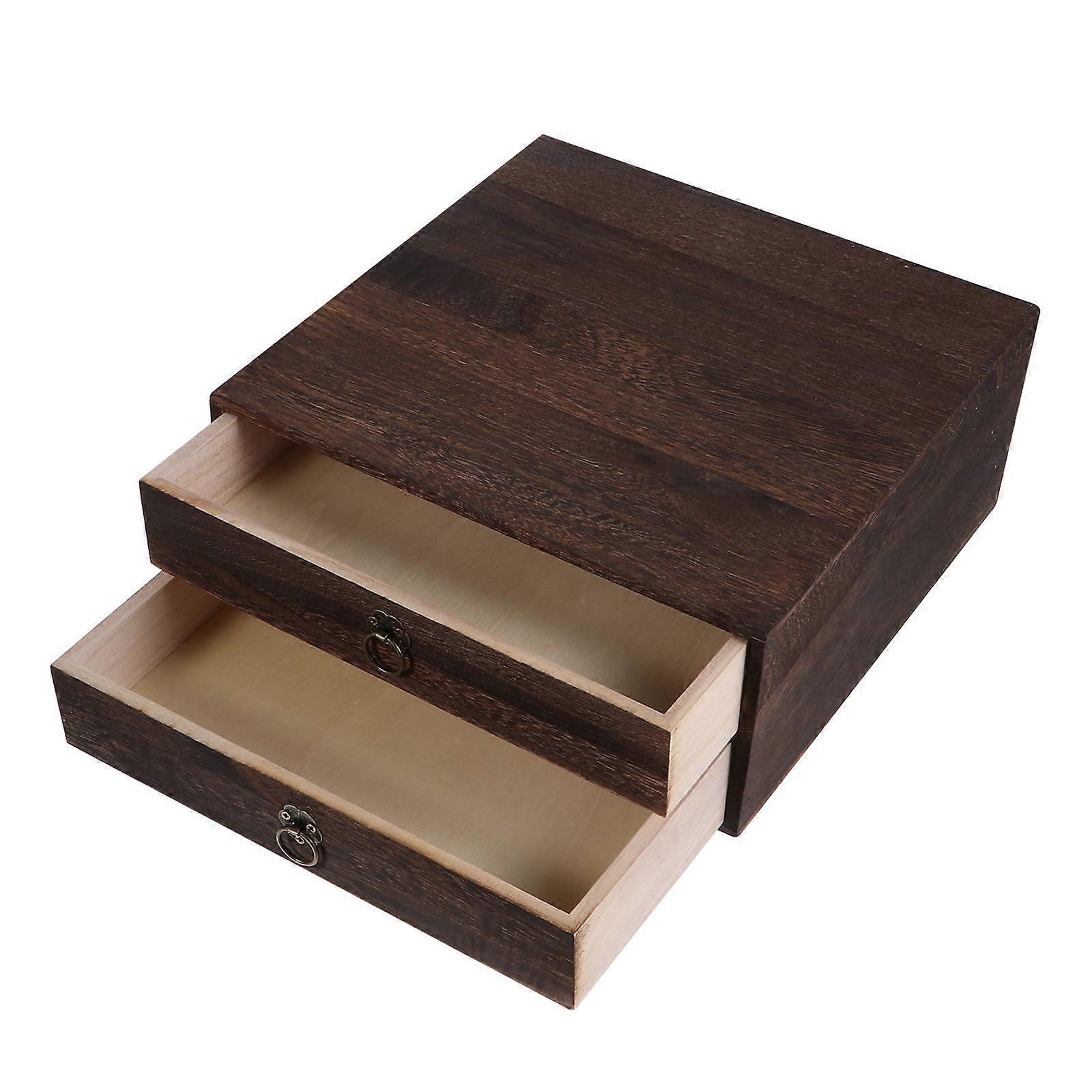 1Pc Solid Wood Storage Desk Box Retro Drawer Type Desktop Organizer (2 Layer)