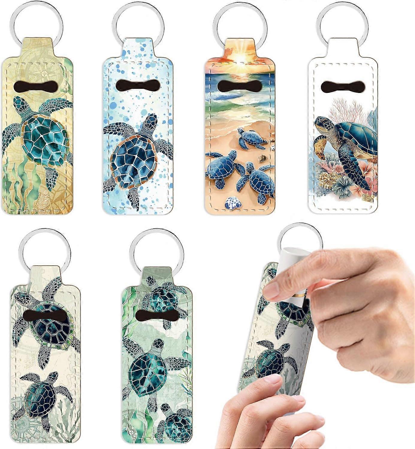 6Pcs Cloth Keychains Liostick Storage Bags Rectangle with Split Key Ring Platinum Turtle 96x38mm