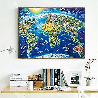 Quebra-cabeça de 1000 peças com mapa-múndi para adultos, com design de pontos turísticos mundiais e tema educativo de viagens.