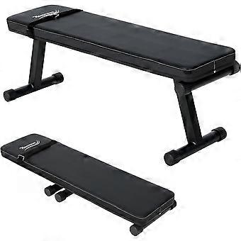 Foldable weight bench, flat weight bench, robust and secure frame, comfortable padded abdominal support, maximum load capacity 150 kg.