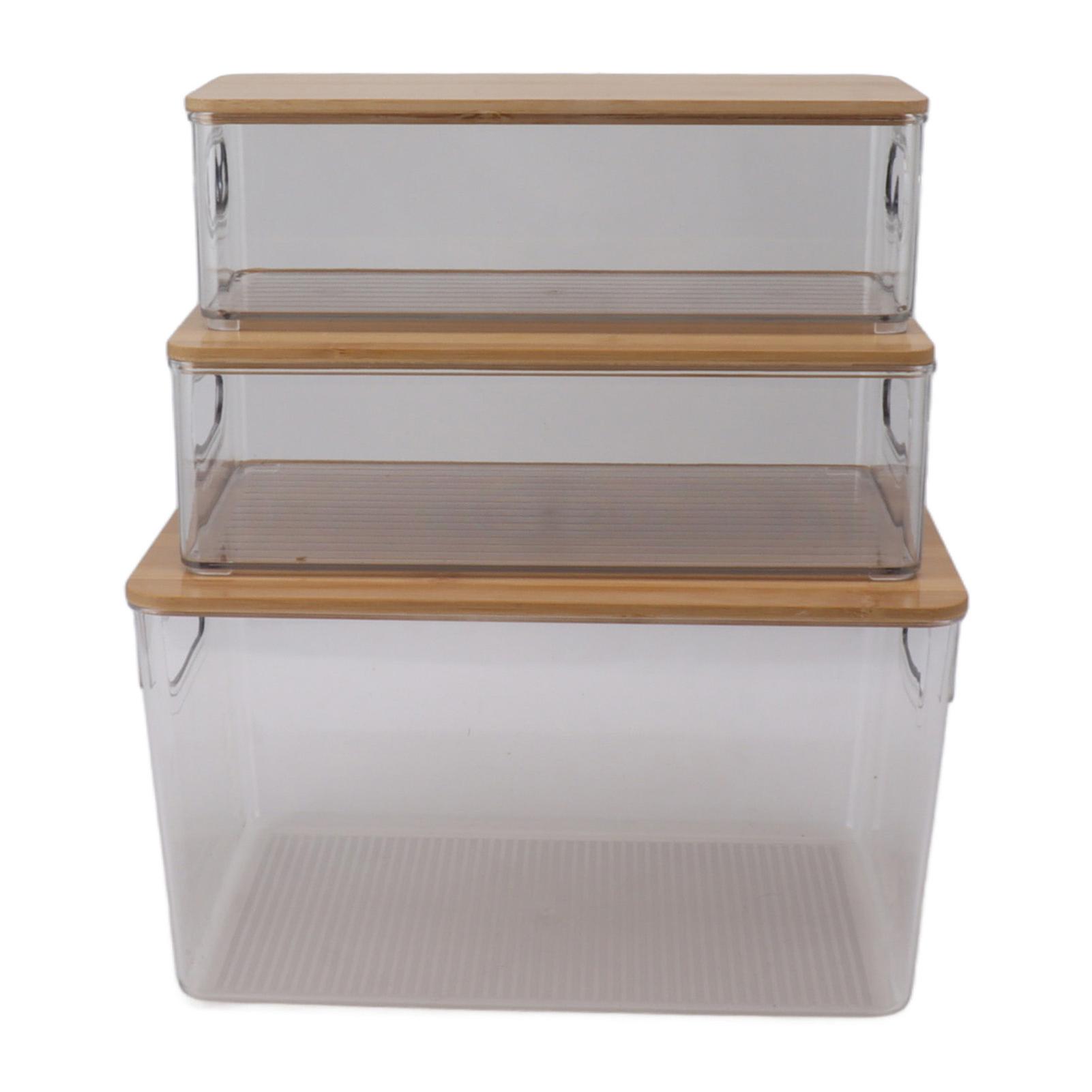 3Pcs Storage Box Multifunctional Transparent Storage Organizer Stackable Storage Display Case With Wood Lid