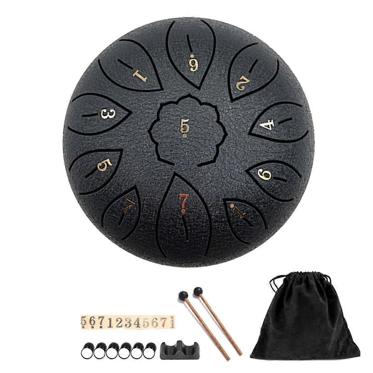 Rain Drum for Outside, Steel Tongue Drum 11 Notes 6 Inches Chakra Tank Drum Steel Percussion Padded Mallets Black