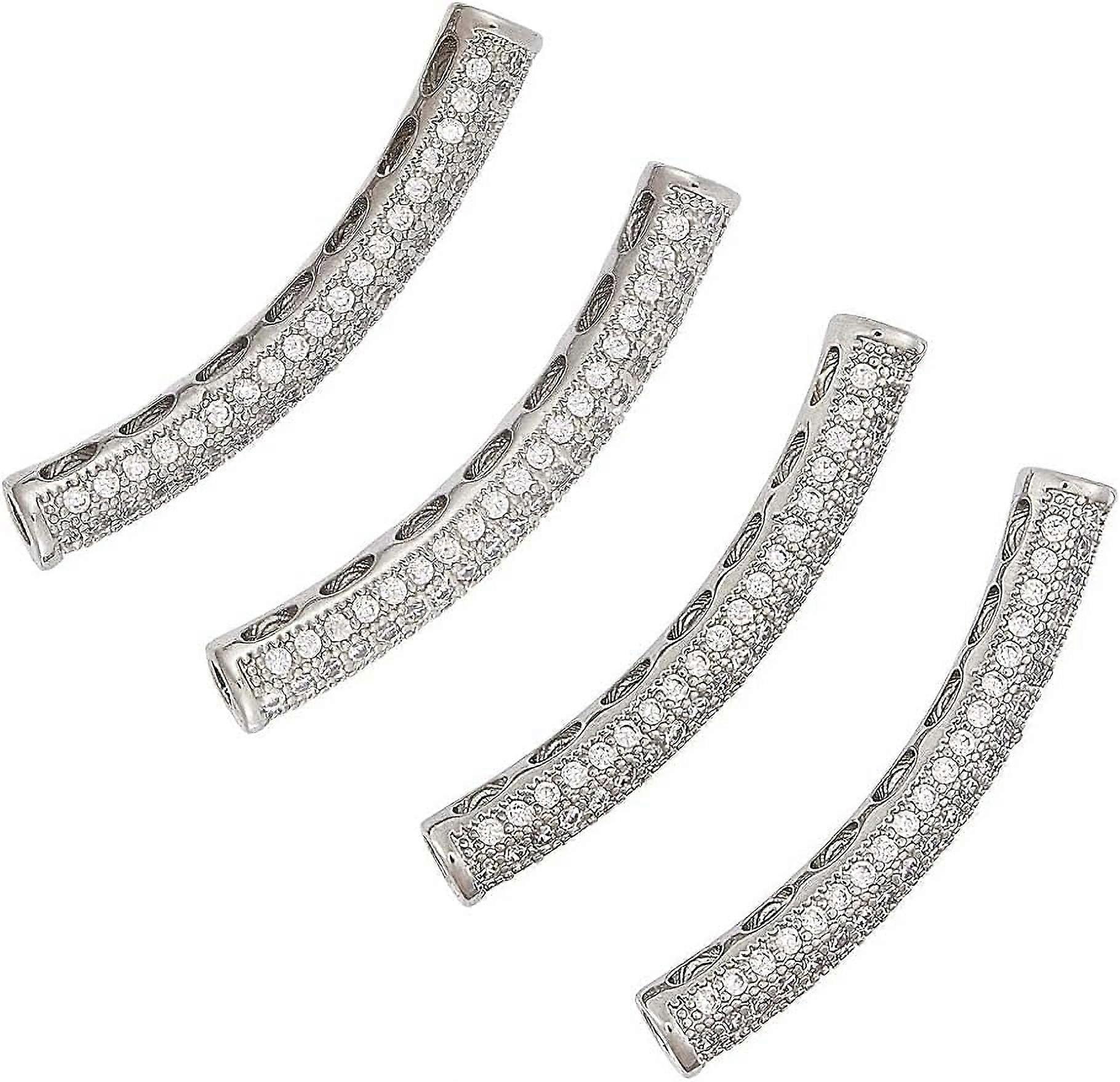 Curved Tube Beads with Cubic Zirconia 4pcs 31mm Brass Tube Beads Platinum Color Loose Beads for Jewelry Making Necklaces Bracelets 2mm Hole