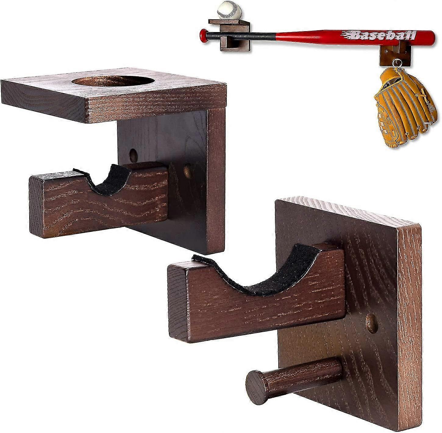 3 In 1 Baseball Bat & Softball & Glove Display Wall Mount Rack, Solid Wood Horizontal Bracket Holder Hook Hangers For Collectible, Autographed & Cutom
