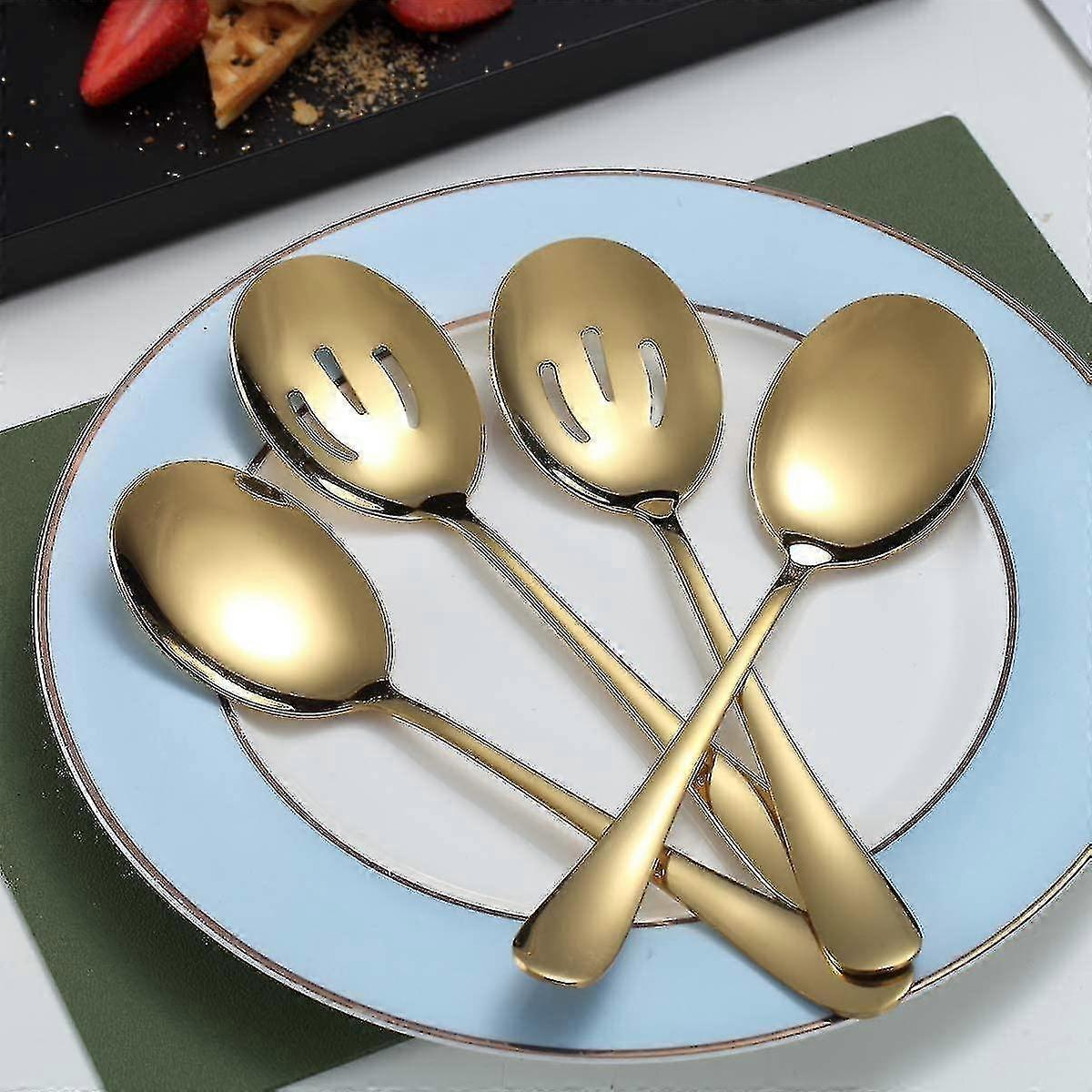 Gold Serving Spoons 4 Pcs, Includ 2 Serving Spoons 2 Slotted Spoons