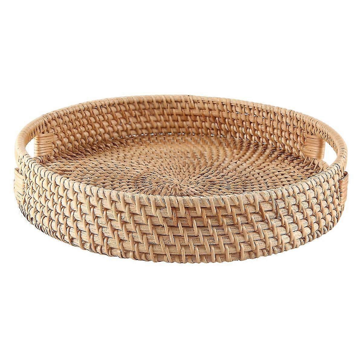 Round Rattan Serveringsbrett Dekorative vevde ottomanske skuffer med håndtak for salongbord Natural (liten)