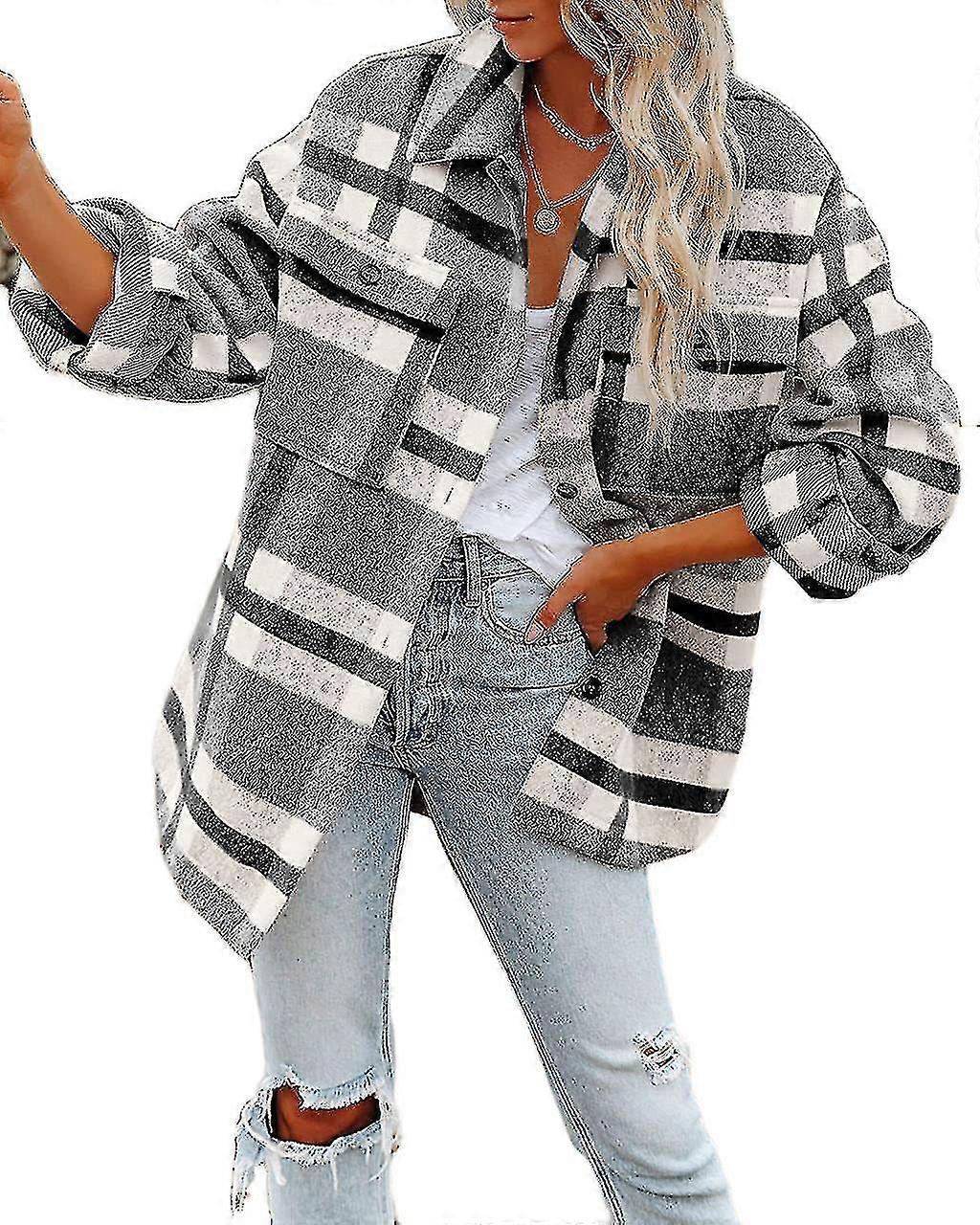 Women's Flannel Plaid Jacket Long Sleeve Button Down Shirts Coats Shacket New