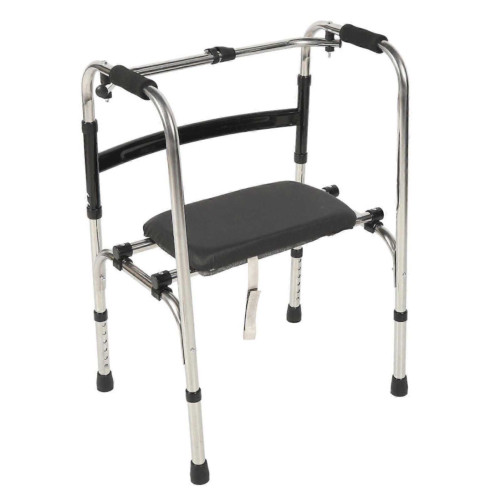 Folding Walker with PU Seat 6 Adjustable Height Stainless Steel Large Foot Pads 2 Modes Switching Narrow Walker for Seniors Disabled