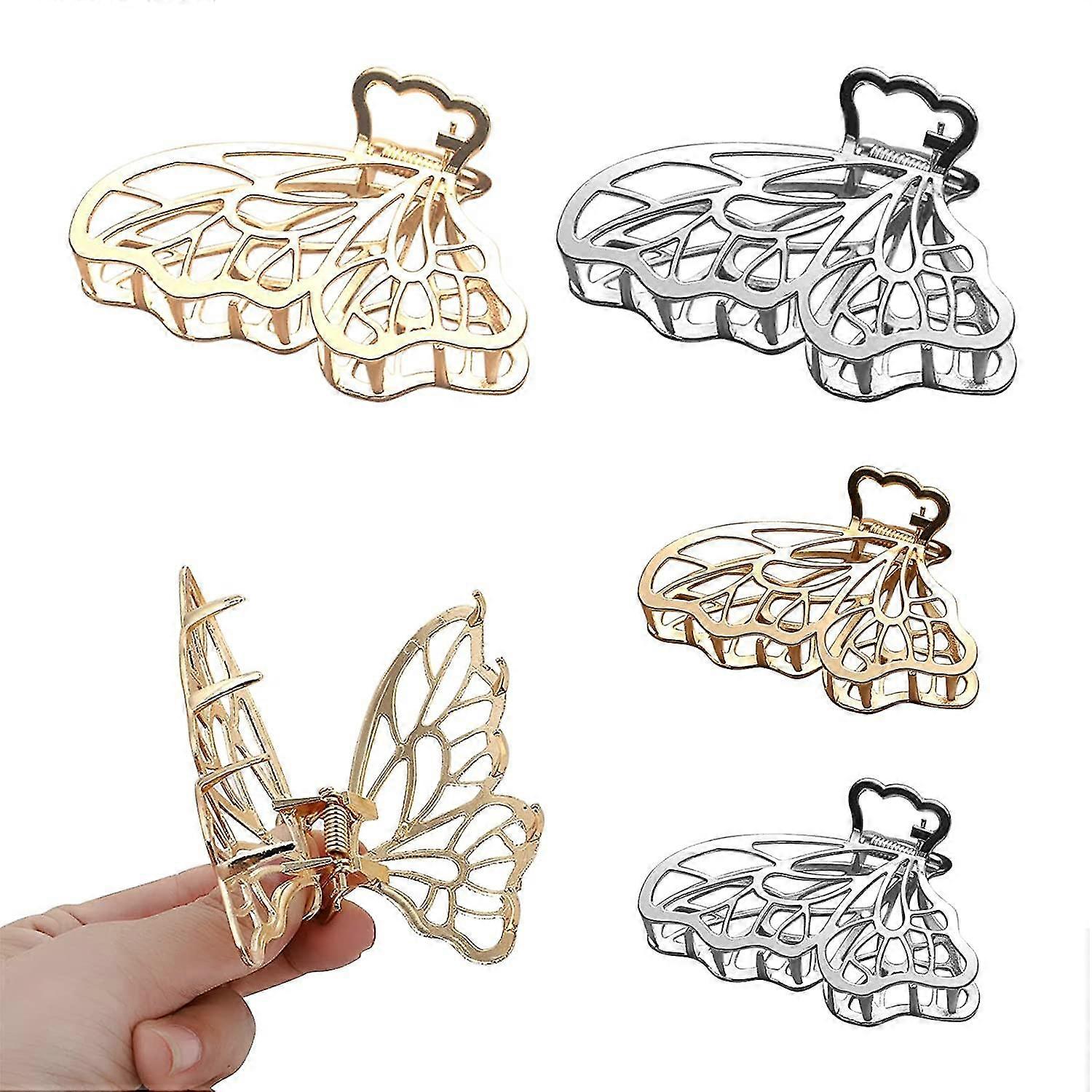 4个中等大小的发夹蝴蝶发夹金属、金色和银色发夹礼物