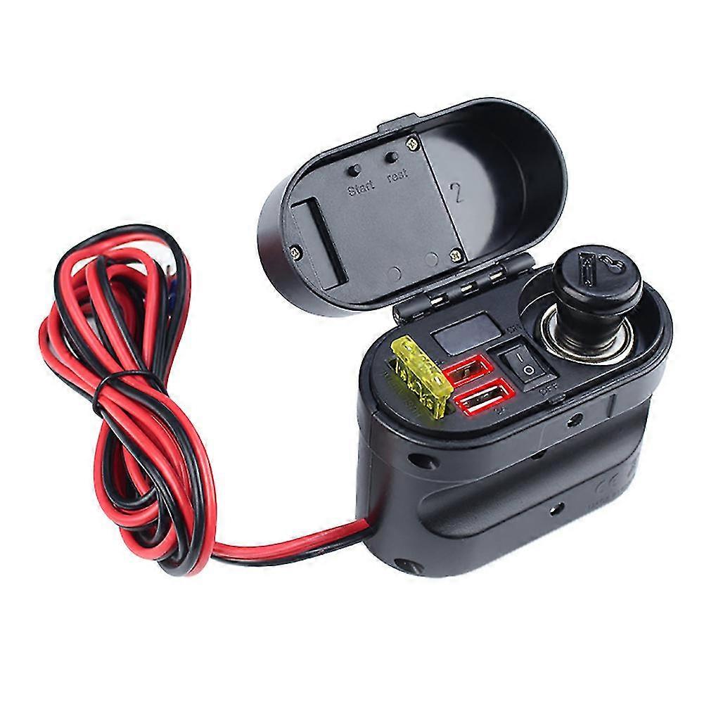 Motorcycle Cigarette Lighter Socket with Dual USB Charging Ports Voltmeter Clock Time Display