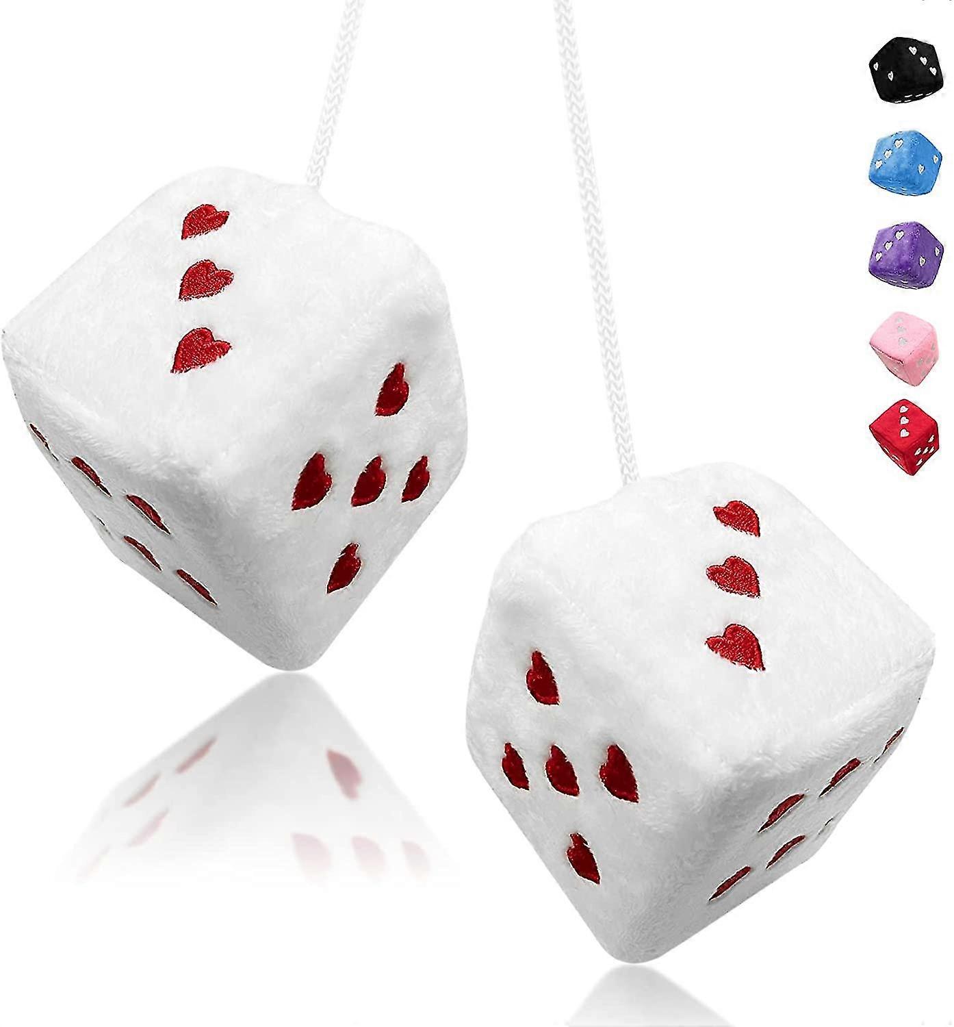 Pair Car Mirror Hanging Accessories,Fuzzy Plush Dice With Heart-Shaped Dots For Car Decoration,Car Hanging Accessories For Women