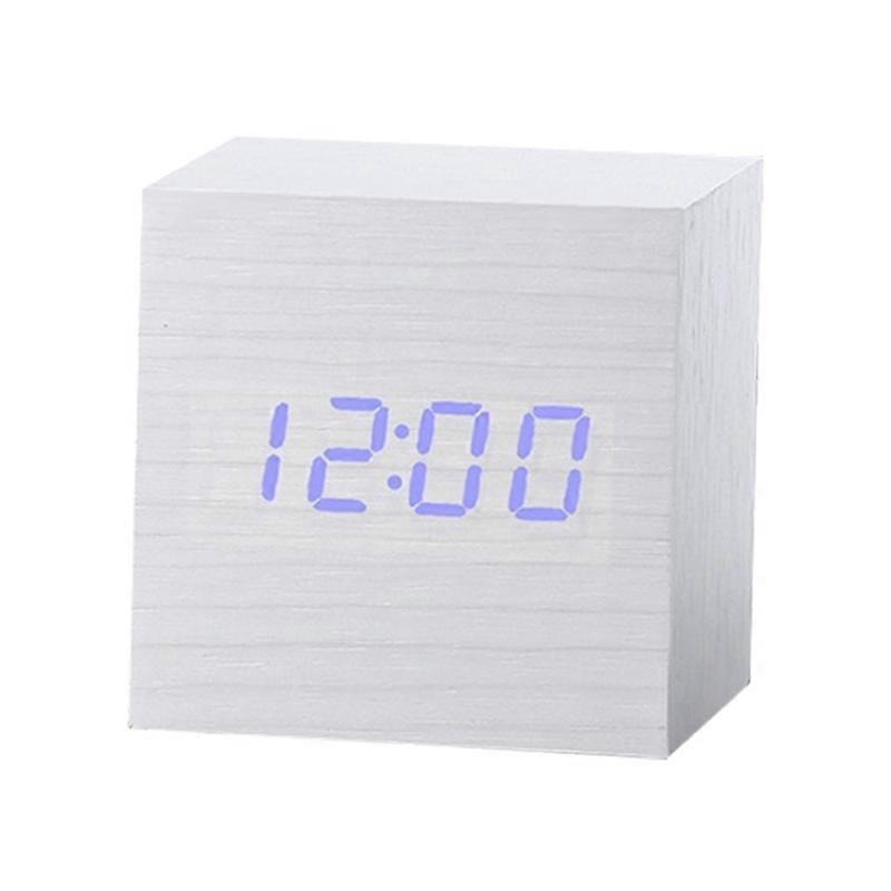 Multicolor Sounds Control Wooden LED Desk Alarm Clock White Blue