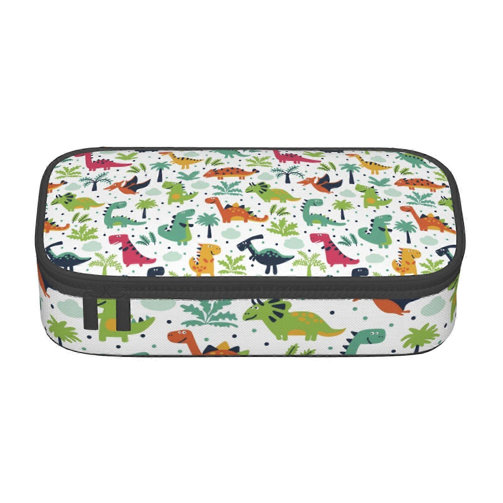 لطيف ديناصور وأوراق نمط مقلمة حقيبة كبيرة السعة قلم رصاص الحقيبة حقيبة ماكياج اللوازم المكتبية القرطاسية صندوق قلم رصاص مع سحاب 1