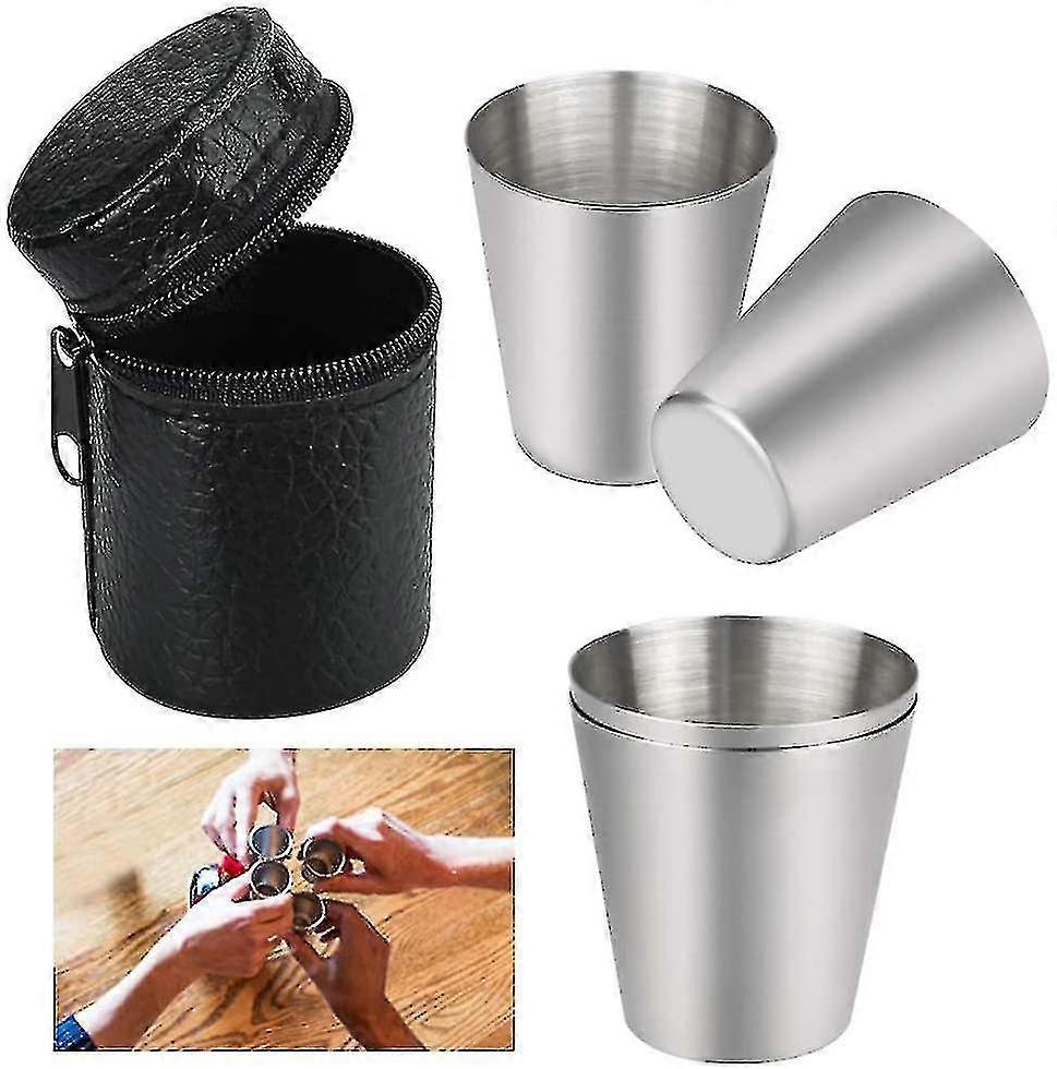 Set de 4 vasos compactos de viaje de acero inoxidable con funda efecto cuero