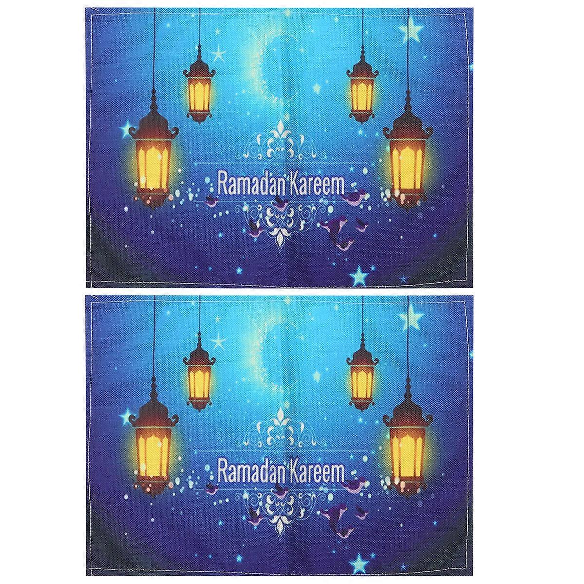 2pcs Ramadan Non-slip Placemat Creative Table Mat Heat-resistant Tableware Pad Coasters Cup Lantern Pattern Mug Mat(Blue)