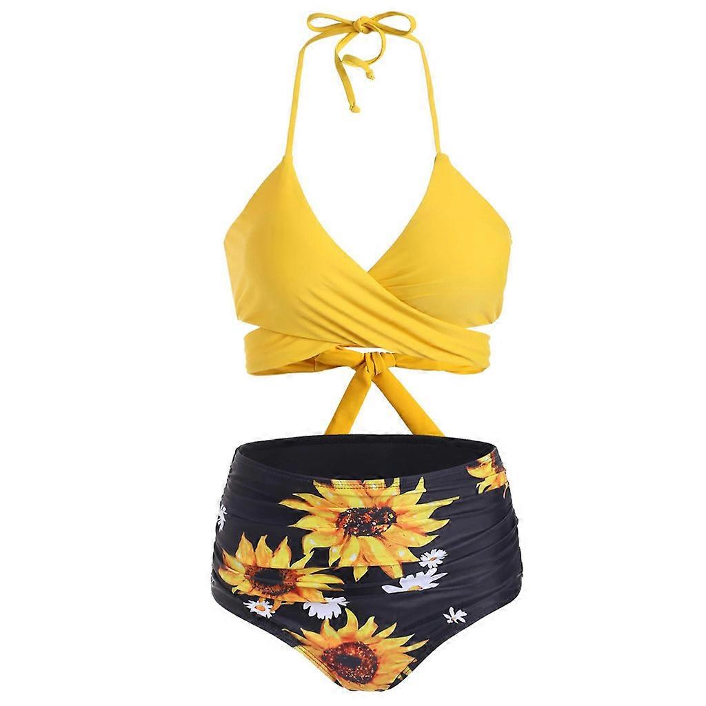 Women's Swimsuits Sunflower Print High Waisted Split Bikini Swimsuit Suits