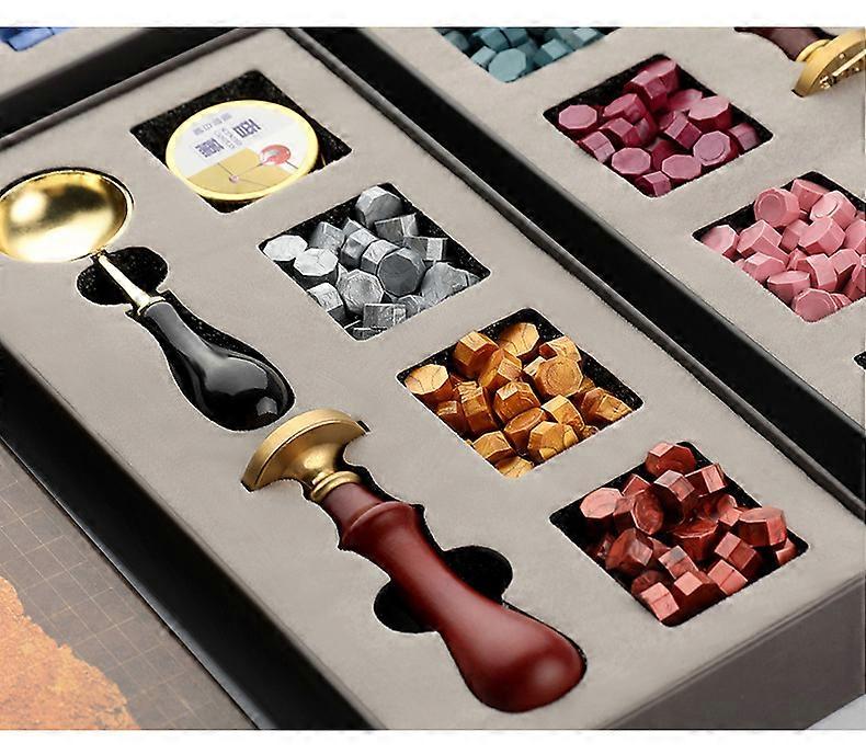 Voksstempelsæt, stempelforseglingssæt med forsegling af voksperler, messingstempelforsegling, voksske, gaveæske (tak)