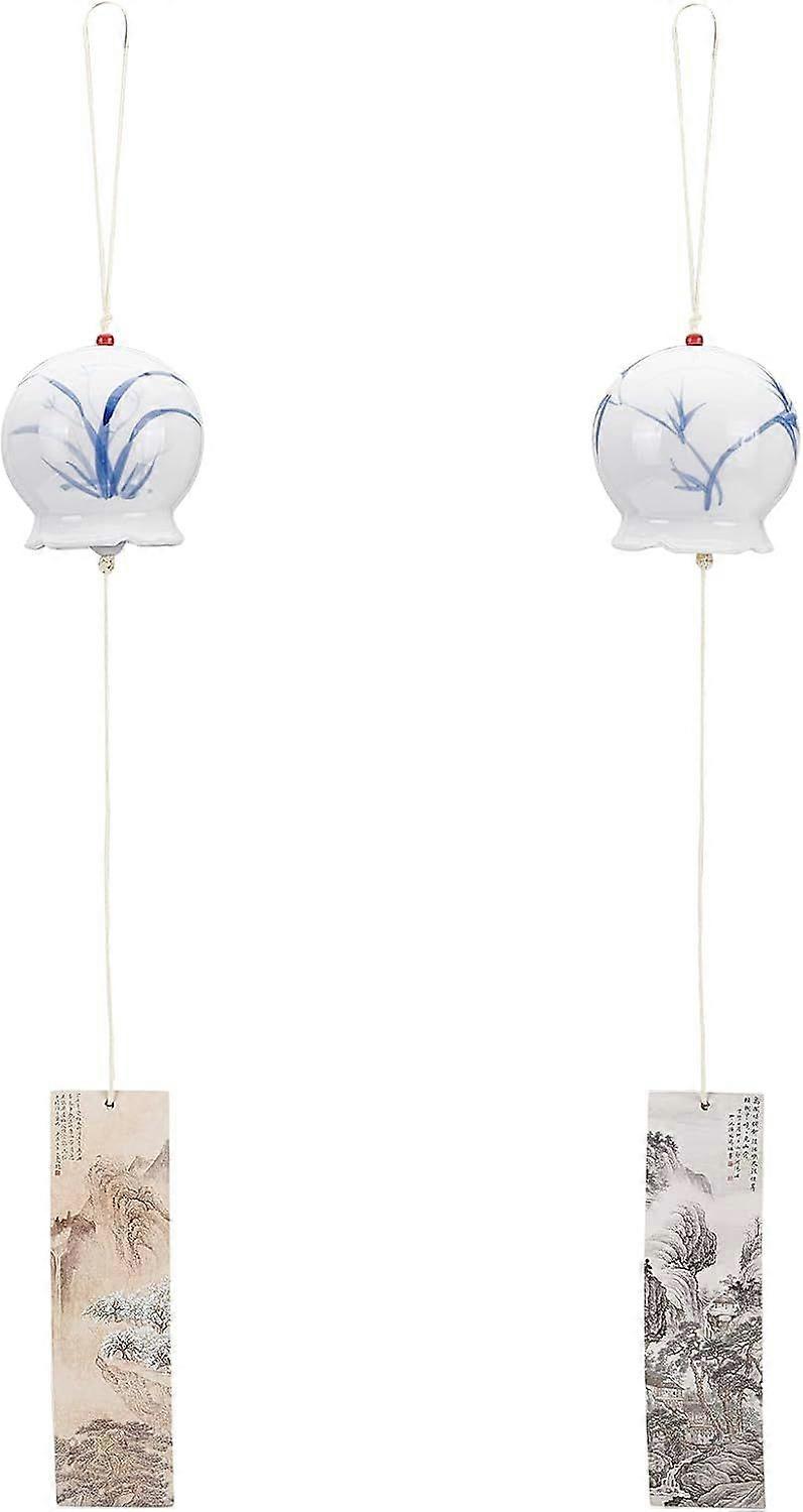 2Pcs 2 Style Handmade Ceramic Wind Chime with Polyester Cord and Paper for Outdoor Indoor Decor
