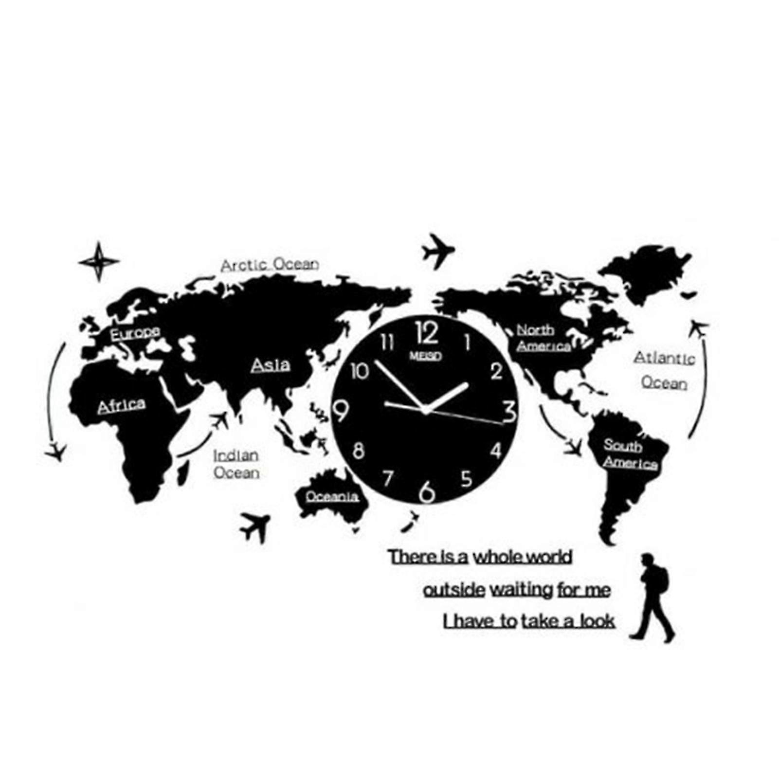 Large Decorative Wall Clock Sticker Frameless World Map Wall Clock with Silent Movement Modern DIY