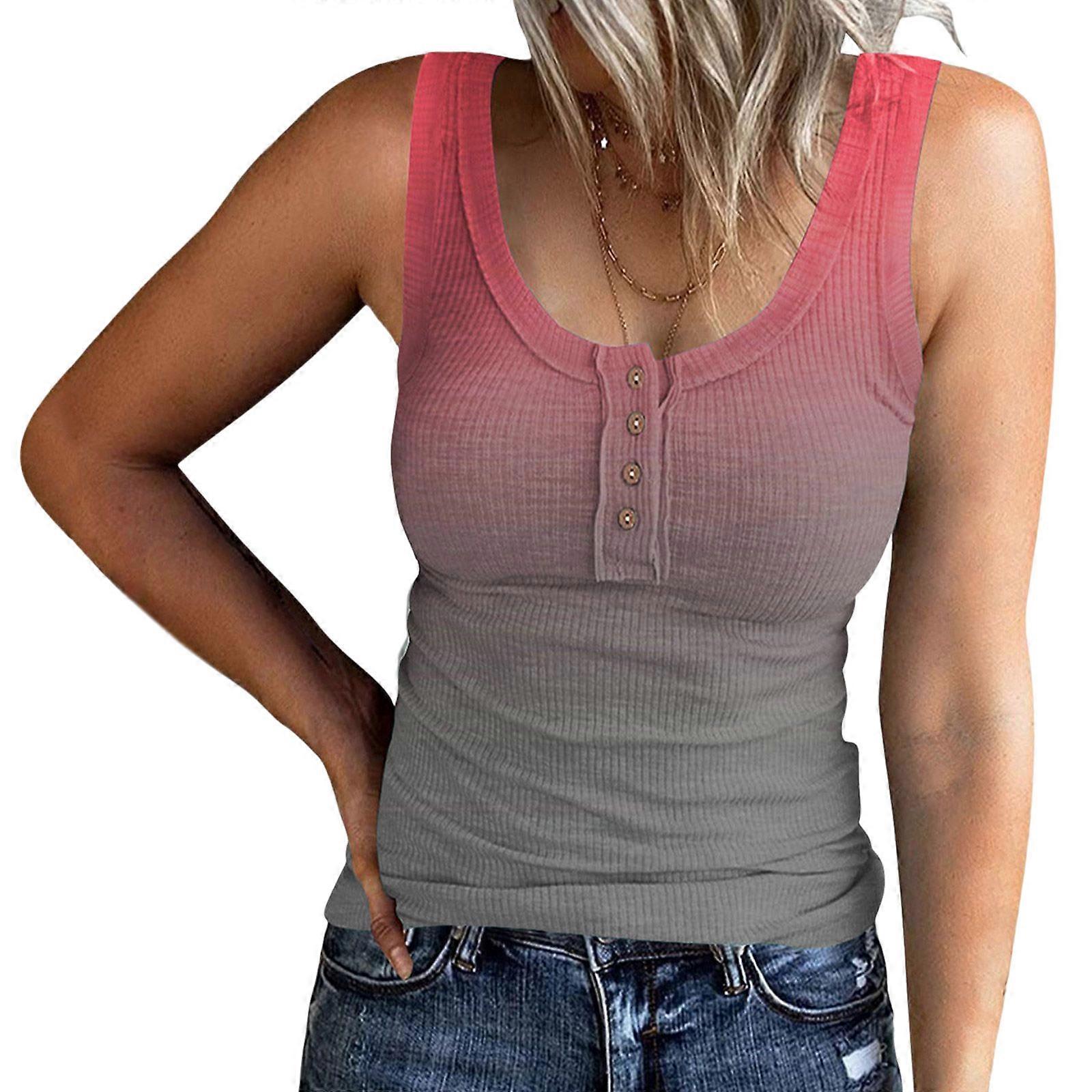 Women Vest Color-blocking Gradual Change Sleeveless Vest Fashion Fitting Pullover Button Top Clothes for Daily Wear gradient red XL